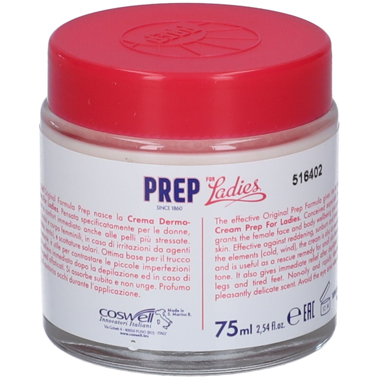 Vasetto di crema con coperchio rosso. Testo sull'etichetta. Scritta: PREP FOR Ladies, Derma Protective Cream. Vasetto con etichetta bianca.