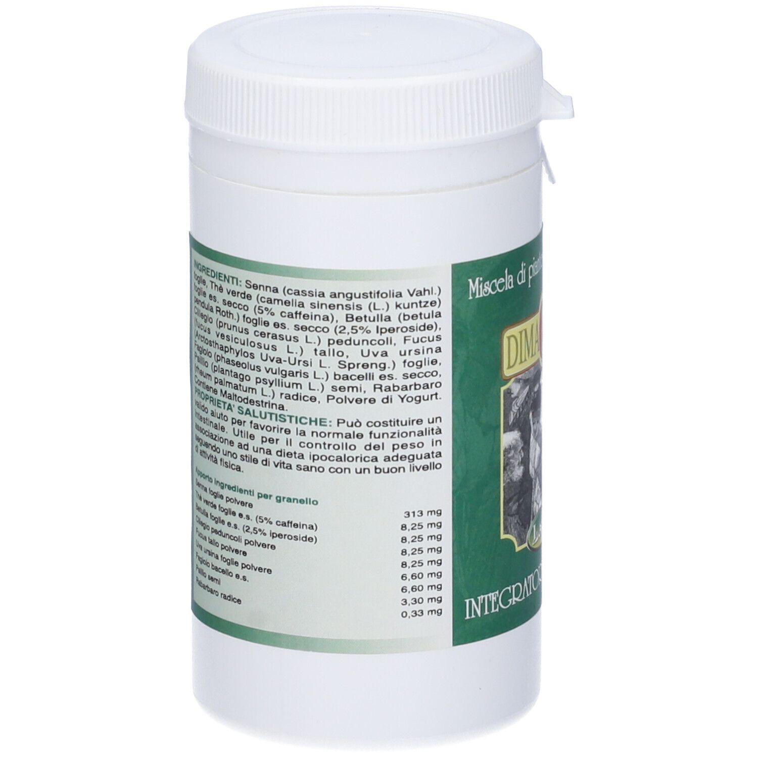 Contenitore bianco, vista laterale. Etichetta verde con elenco ingredienti. Testo in italiano.