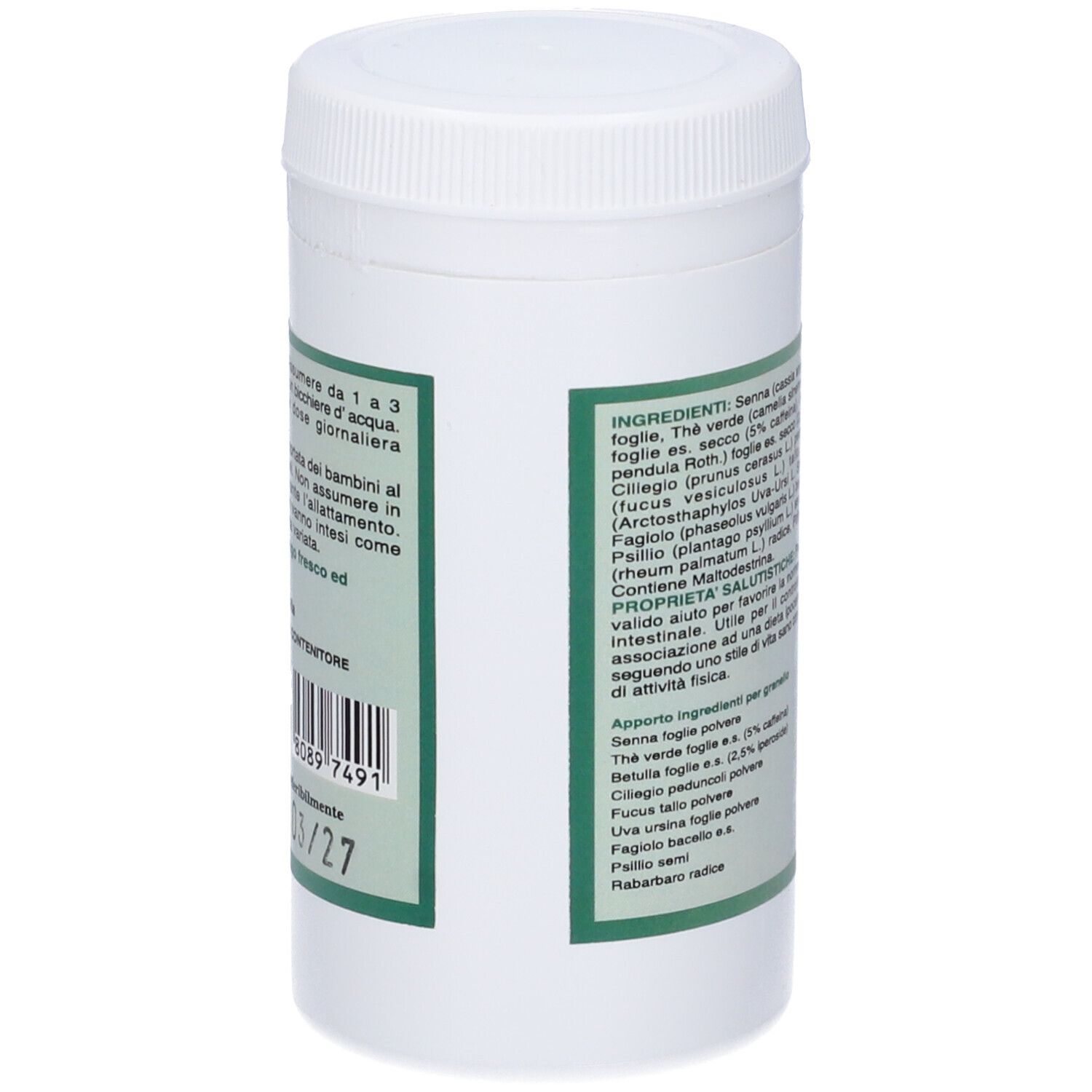 Contenitore bianco, vista laterale. Etichetta verde con testo italiano. Codice a barre e data di scadenza.