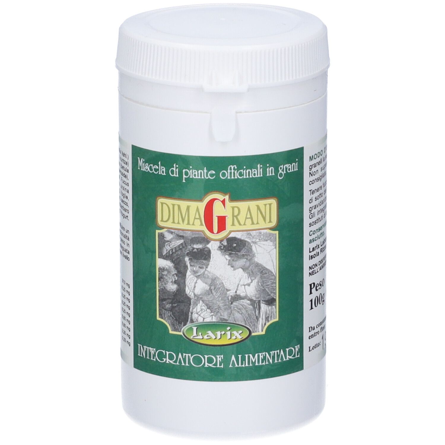 Contenitore bianco con etichetta verde. Scritta: DimaGrani, Larix, Integratore Alimentare. Peso: 100g.