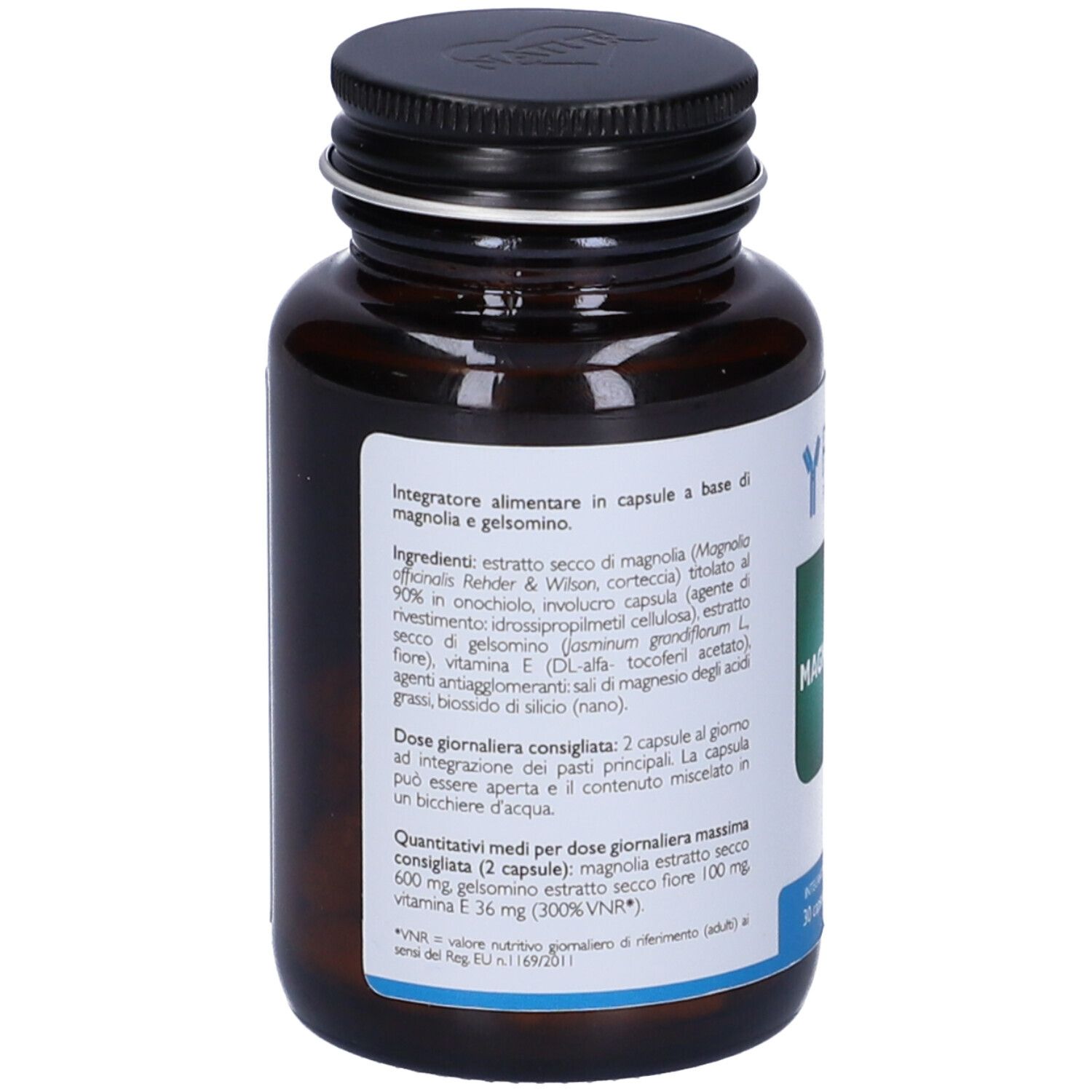 Retro del flacone marrone. Etichetta con ingredienti e dosaggio. Testo in italiano.