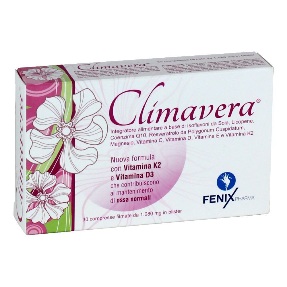 Confezione di Climavera, 30 compresse. Scatola bianca con dettagli rosa, nome del prodotto e ingredienti.