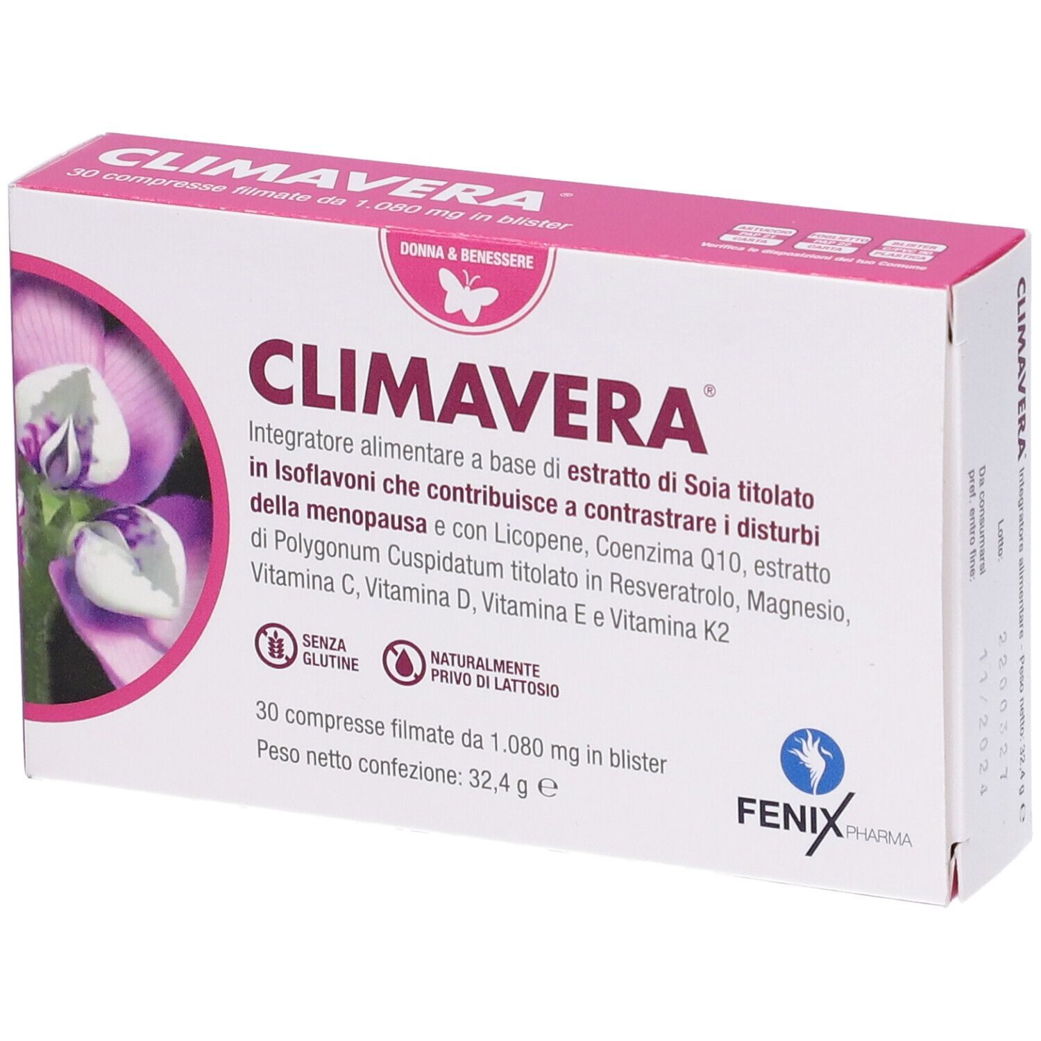 Confezione Climavera, 30 compresse. Scatola bianca con coperchio rosa, nome e ingredienti.