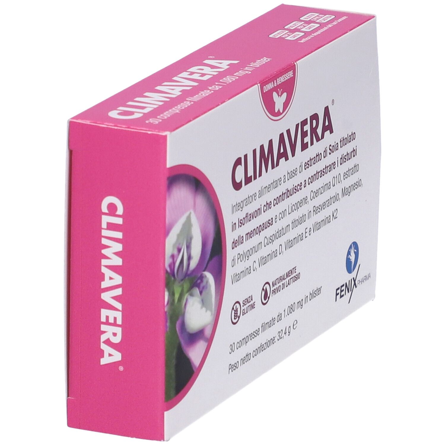 Confezione Climavera, 30 compresse. Scatola con dettagli rosa, nome e ingredienti.