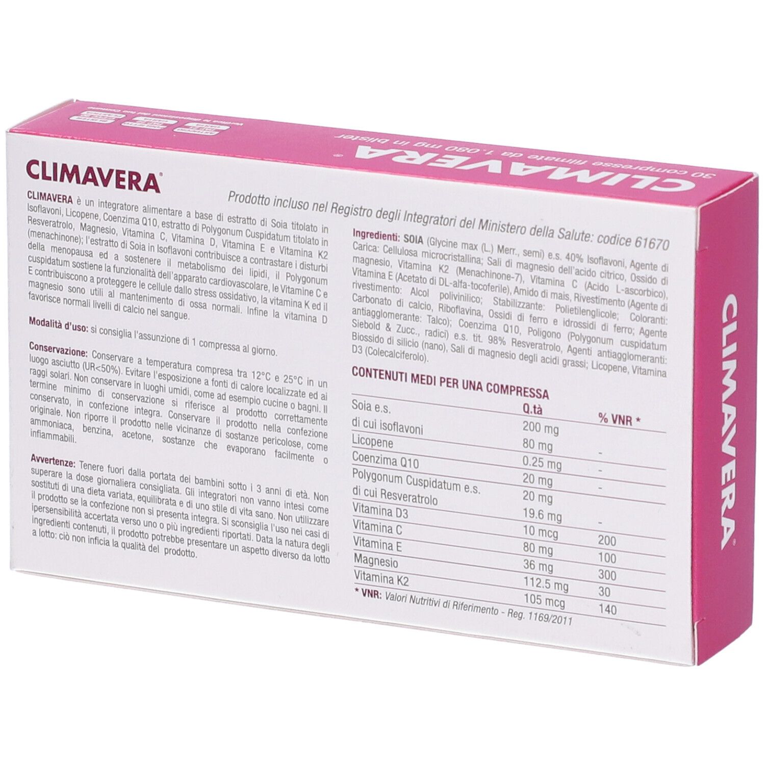 Retro della confezione Climavera. Contiene ingredienti, informazioni nutrizionali e produttore.