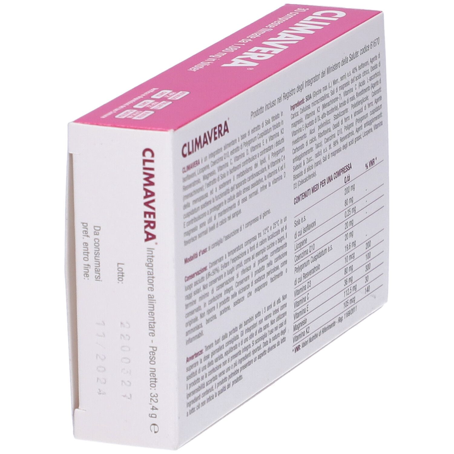 Retro della confezione Climavera. Contiene ingredienti, informazioni nutrizionali e produttore.