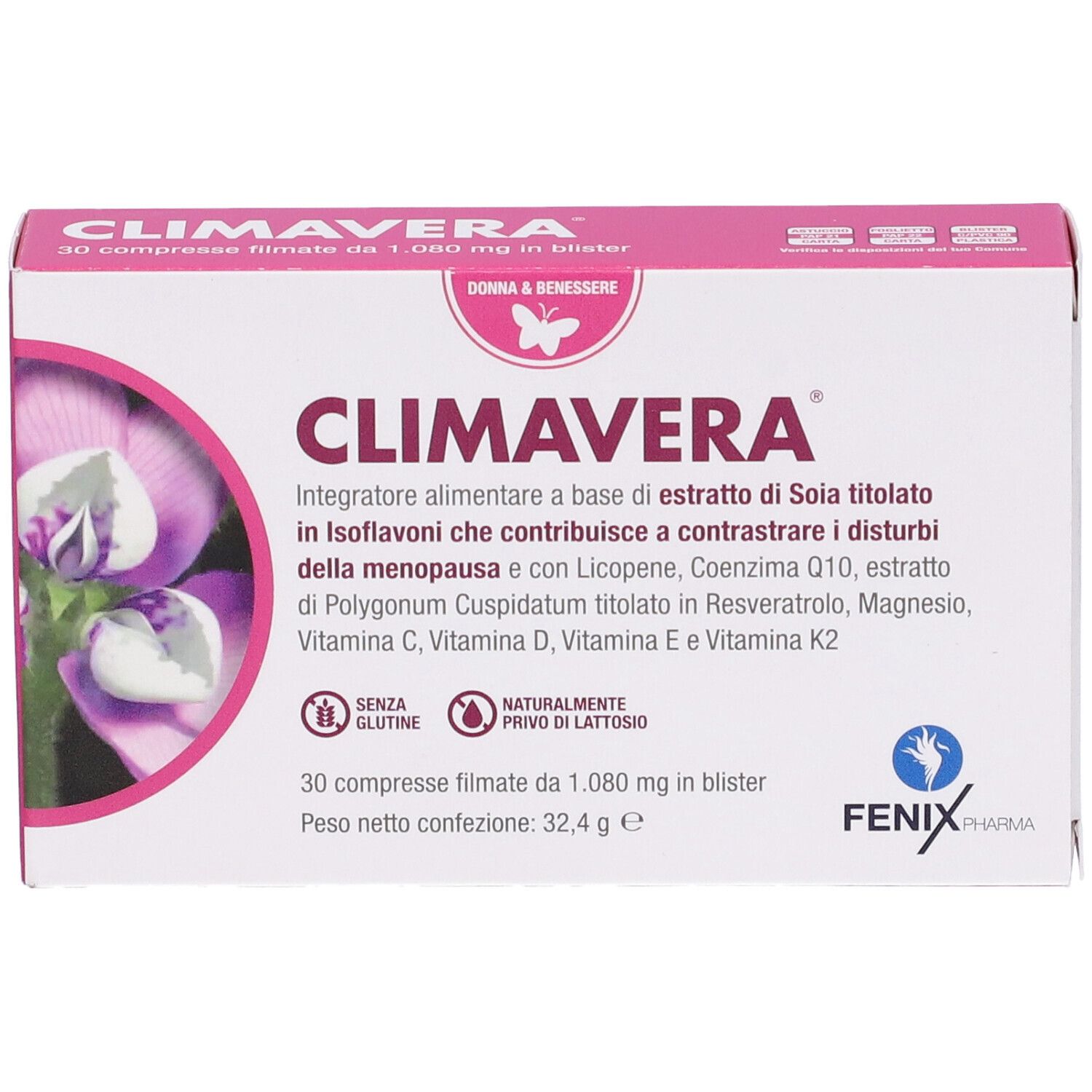 Confezione Climavera, 30 compresse. Scatola bianca con coperchio rosa, nome e ingredienti.