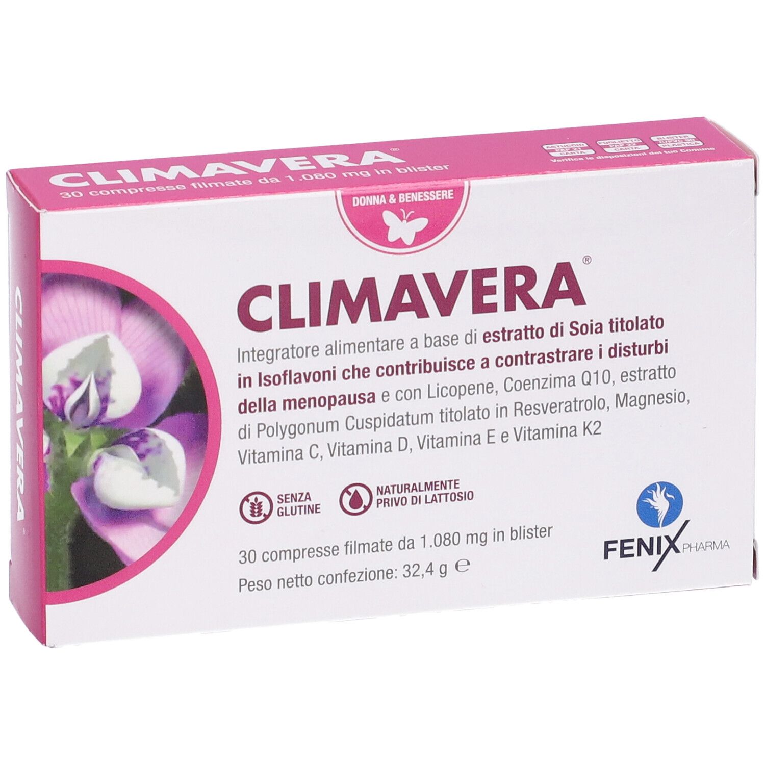 Confezione Climavera, 30 compresse. Scatola bianca con coperchio rosa, nome e ingredienti.