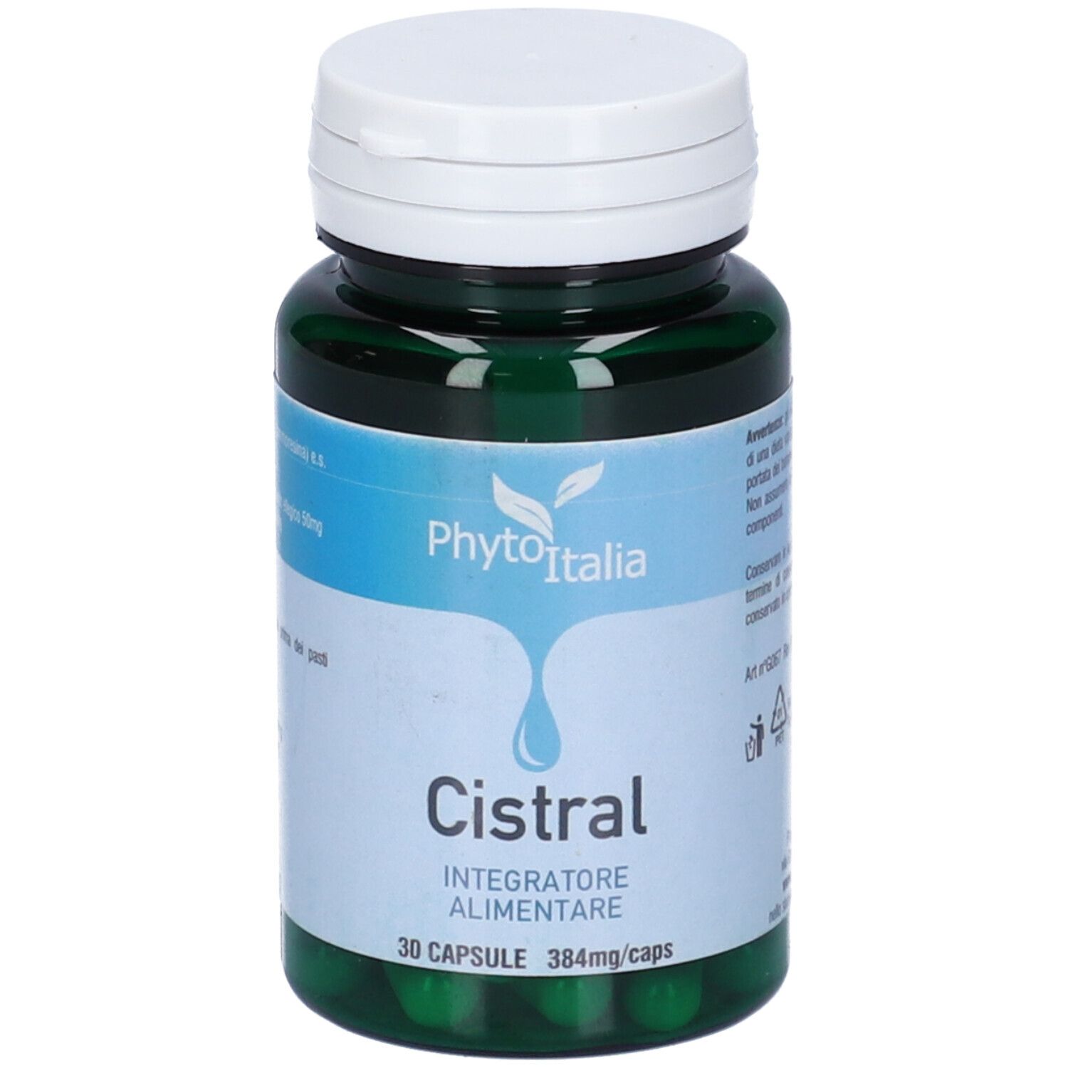 Capsule verdi in bottiglia. Scritta: Cistral, 30 capsule. Marchio: Phyto Italia. Tappo bianco.