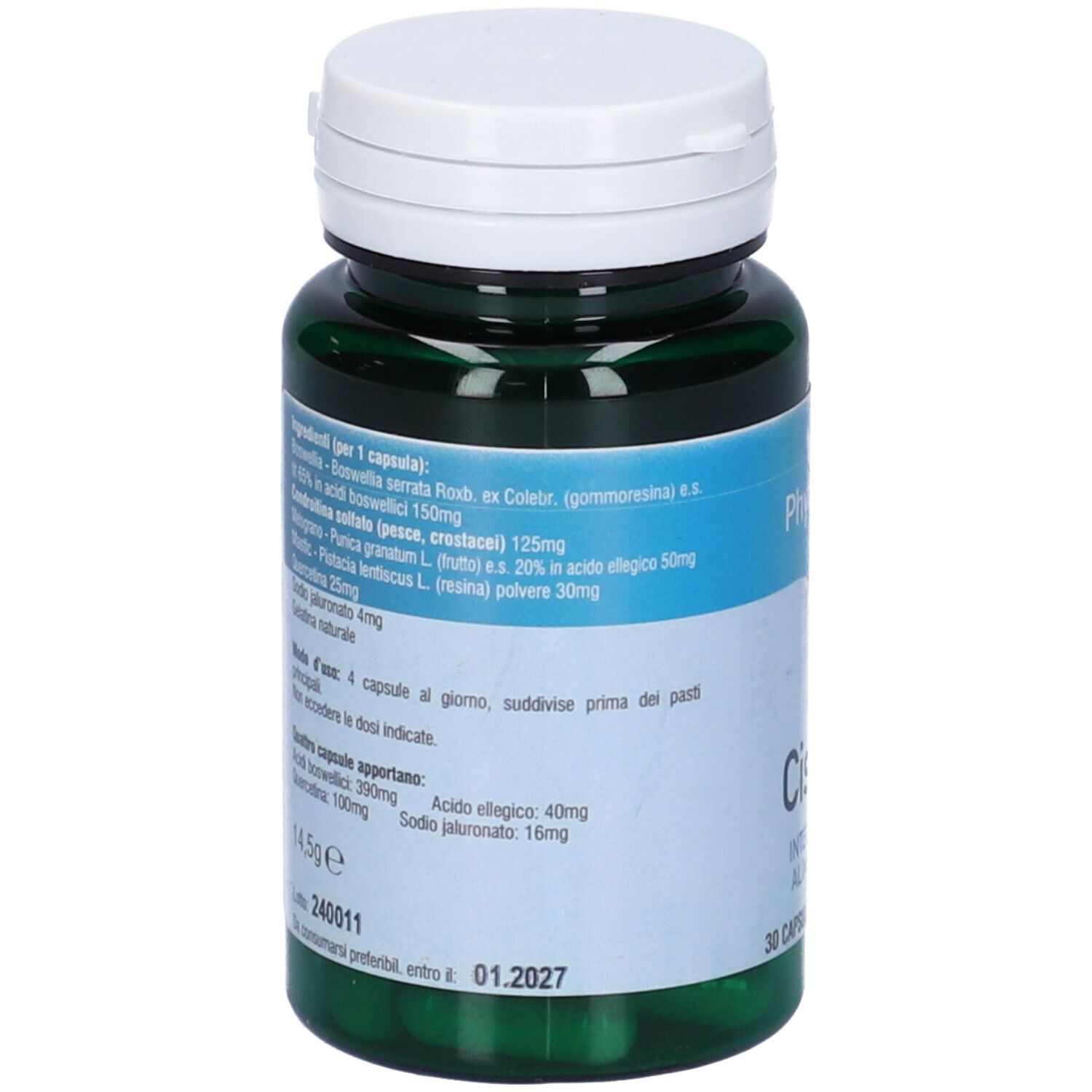 Capsule verdi in bottiglia. Scritta: Cistral, 30 capsule. Marchio: Phyto Italia. Tappo bianco.