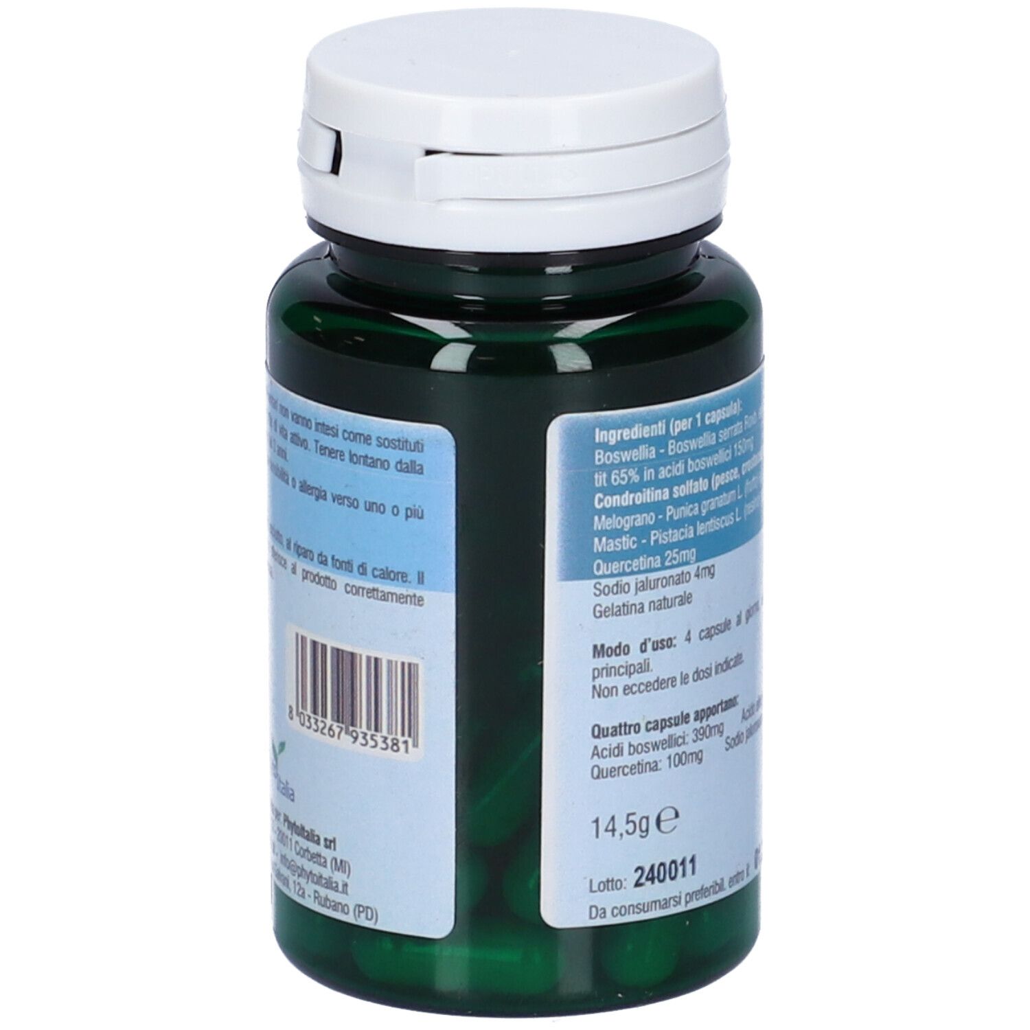 Capsule verdi in bottiglia. Scritta: Cistral, 30 capsule. Marchio: Phyto Italia. Tappo bianco.