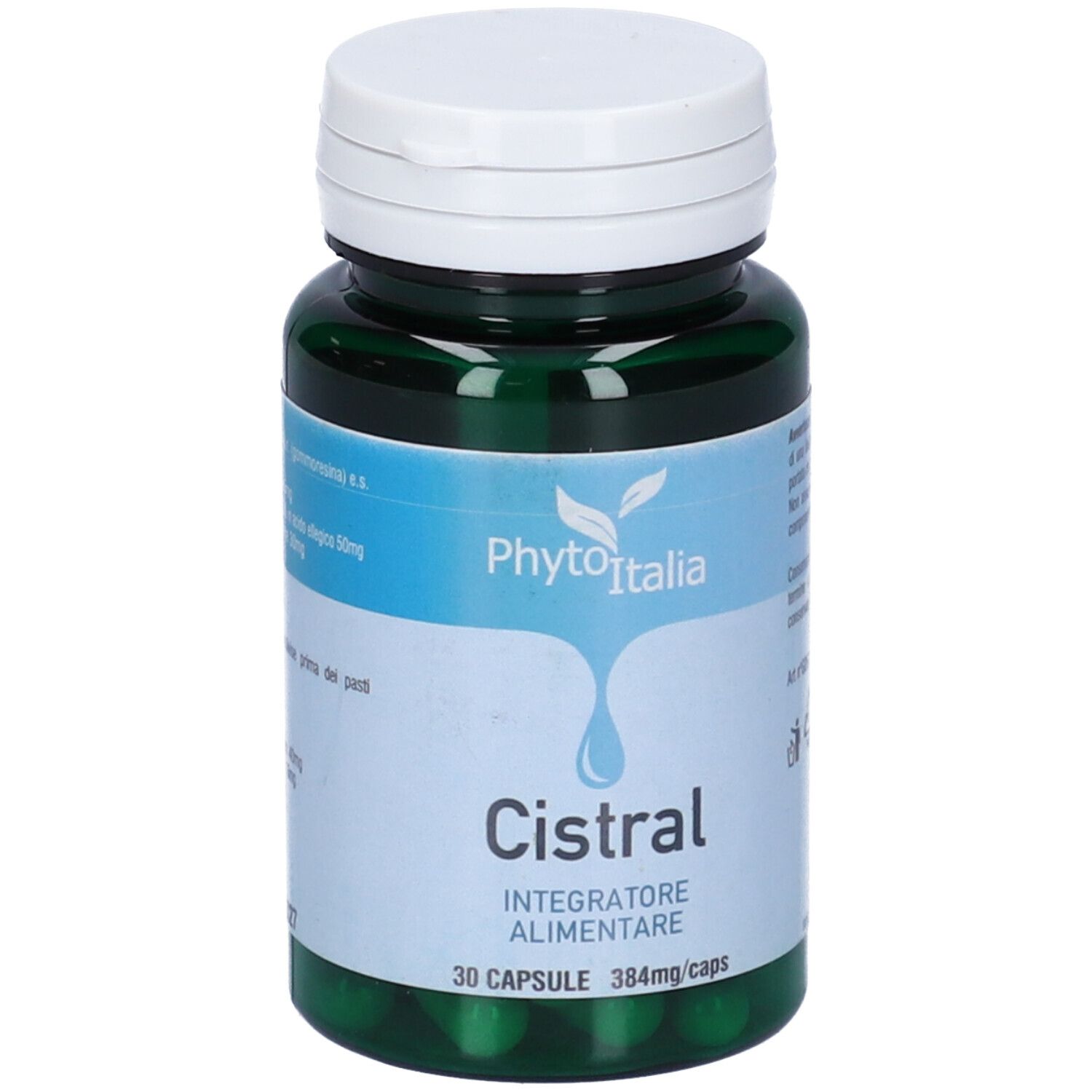 Capsule verdi in bottiglia. Scritta: Cistral, 30 capsule. Marchio: Phyto Italia. Tappo bianco.