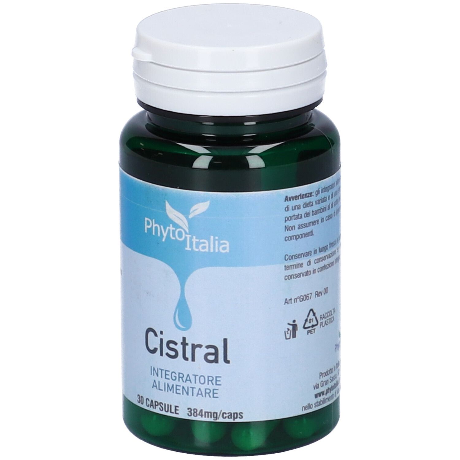 Capsule verdi in bottiglia. Scritta: Cistral, 30 capsule. Marchio: Phyto Italia. Tappo bianco.