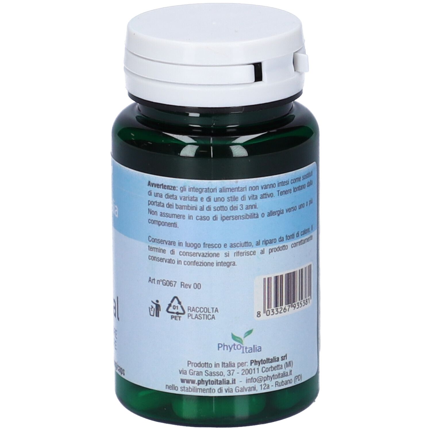 Capsule verdi in bottiglia. Scritta: Cistral, 30 capsule. Marchio: Phyto Italia. Tappo bianco.