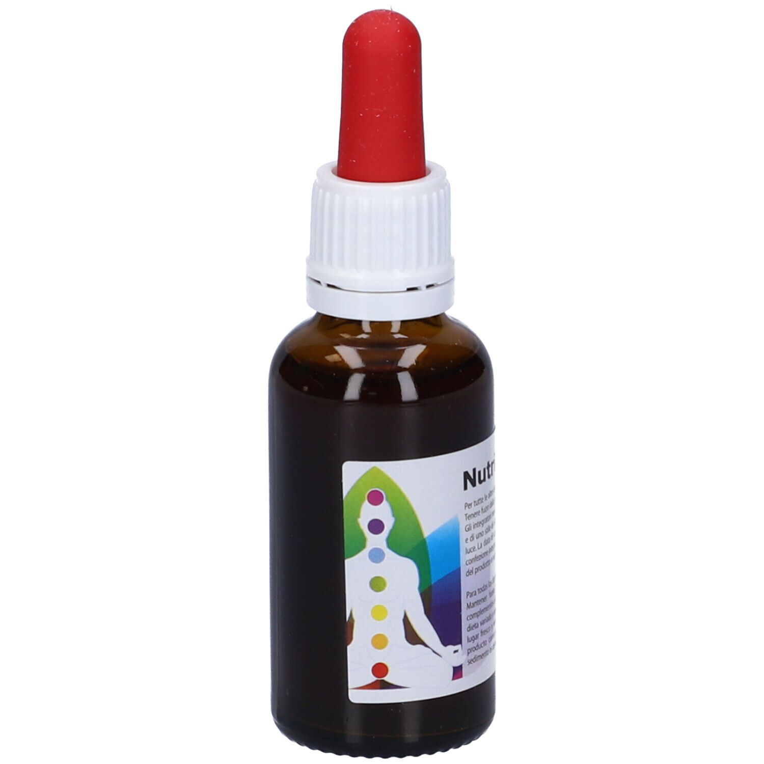Flacone di vetro marrone con contagocce rosso ed etichetta bianca. Etichetta con nome del prodotto e testo.