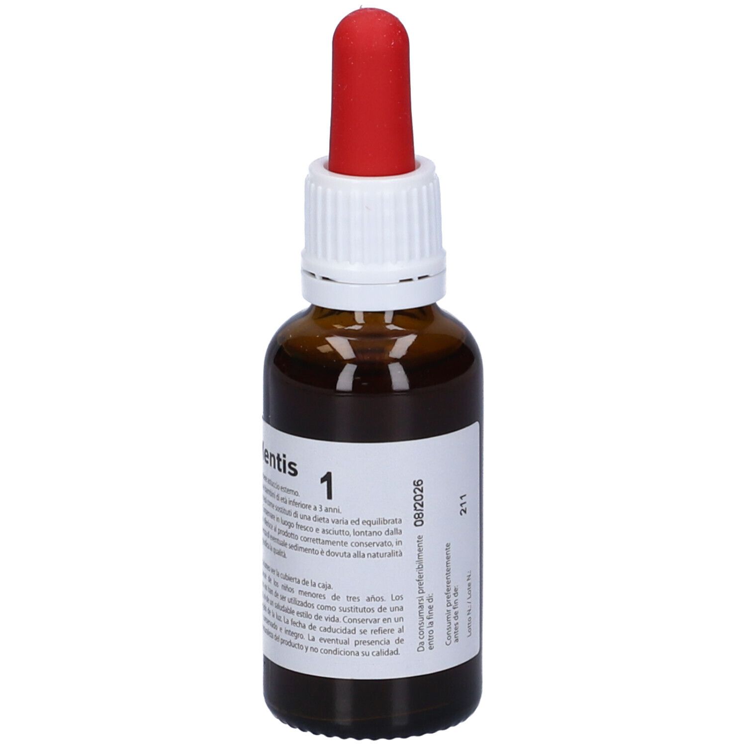 Flacone di vetro marrone con contagocce rosso ed etichetta bianca. Etichetta con nome del prodotto e testo.