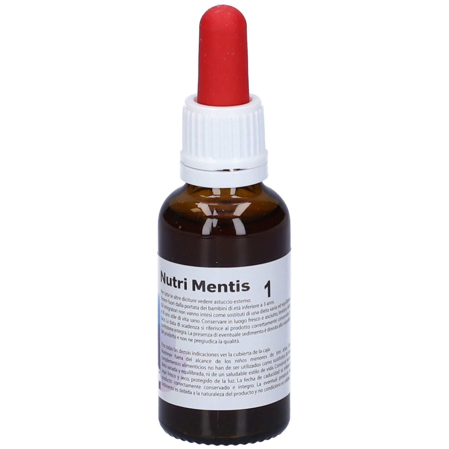 Flacone di vetro marrone con contagocce rosso ed etichetta bianca. Etichetta con nome del prodotto e testo.
