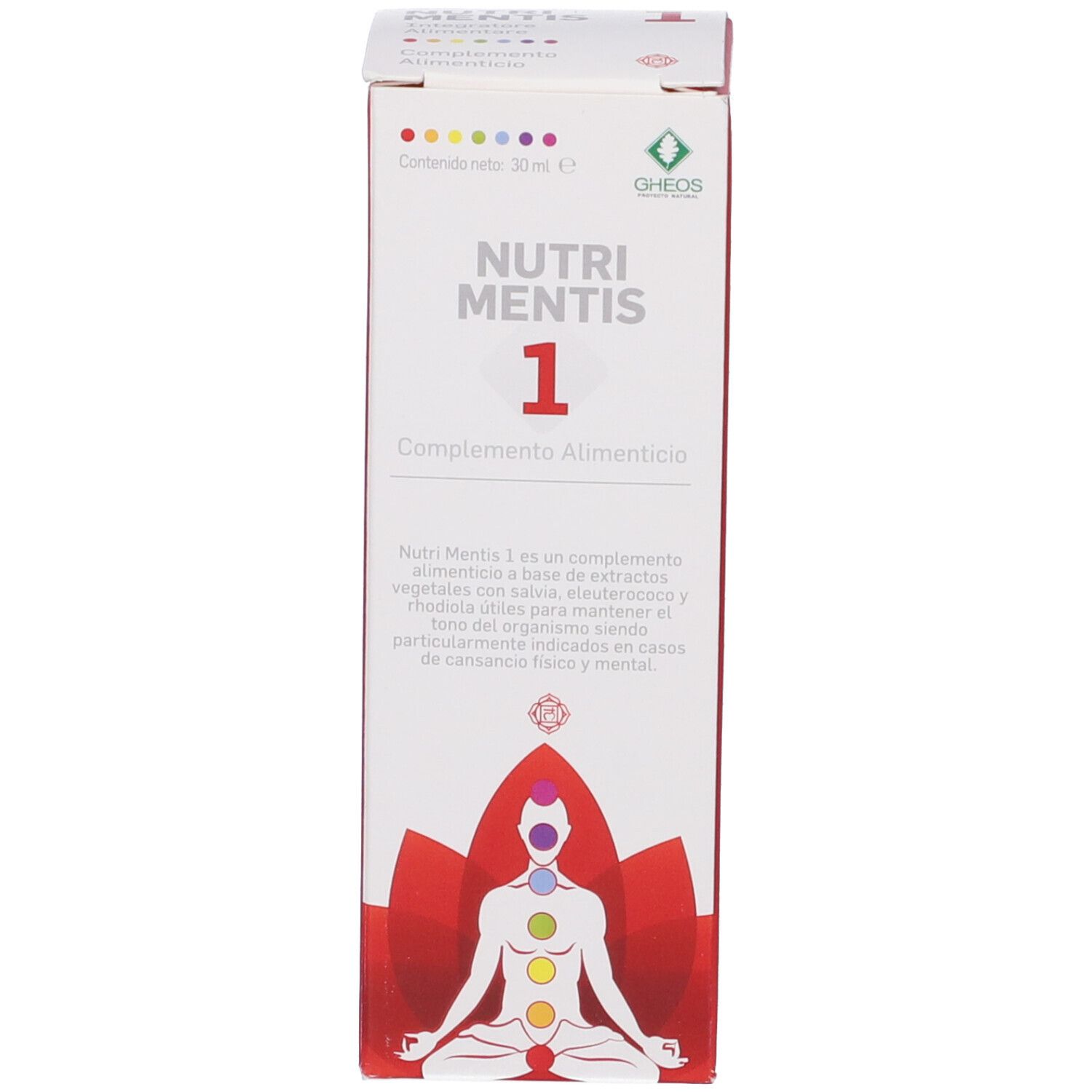 Scatola bianca con informazioni sul prodotto e logo. Scritta: Nutri Mentis 1.