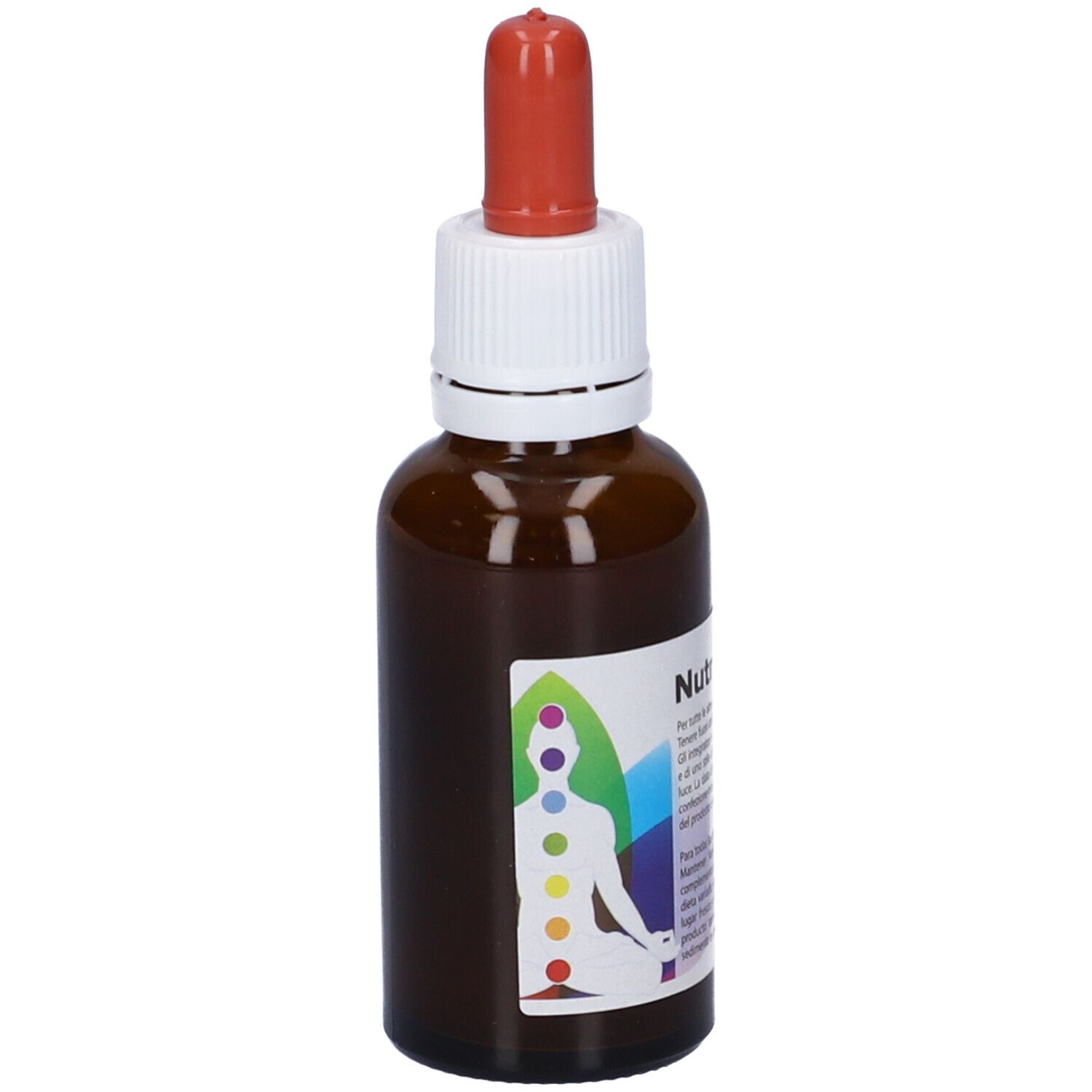 Flacone di vetro marrone con tappo bianco e contagocce rosso. Etichetta con design colorato e testo. Nome prodotto: Nutri Mentis 2.