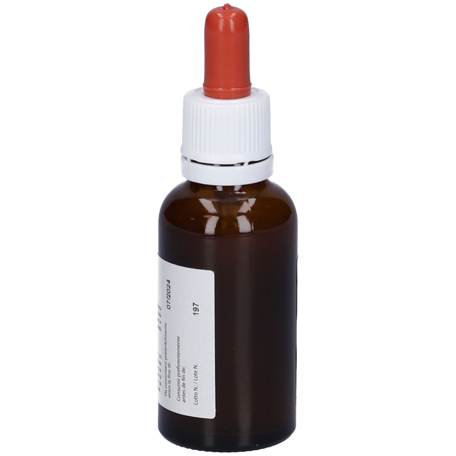 Flacone di vetro marrone con tappo bianco e contagocce rosso. Etichetta con testo e numero 197. Nome prodotto: Nutri Mentis 2.