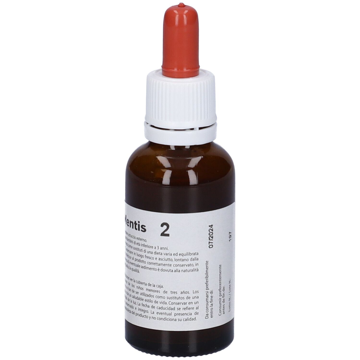 Flacone di vetro marrone con tappo bianco e contagocce rosso. Etichetta con testo e numero 197. Nome prodotto: Nutri Mentis 2.