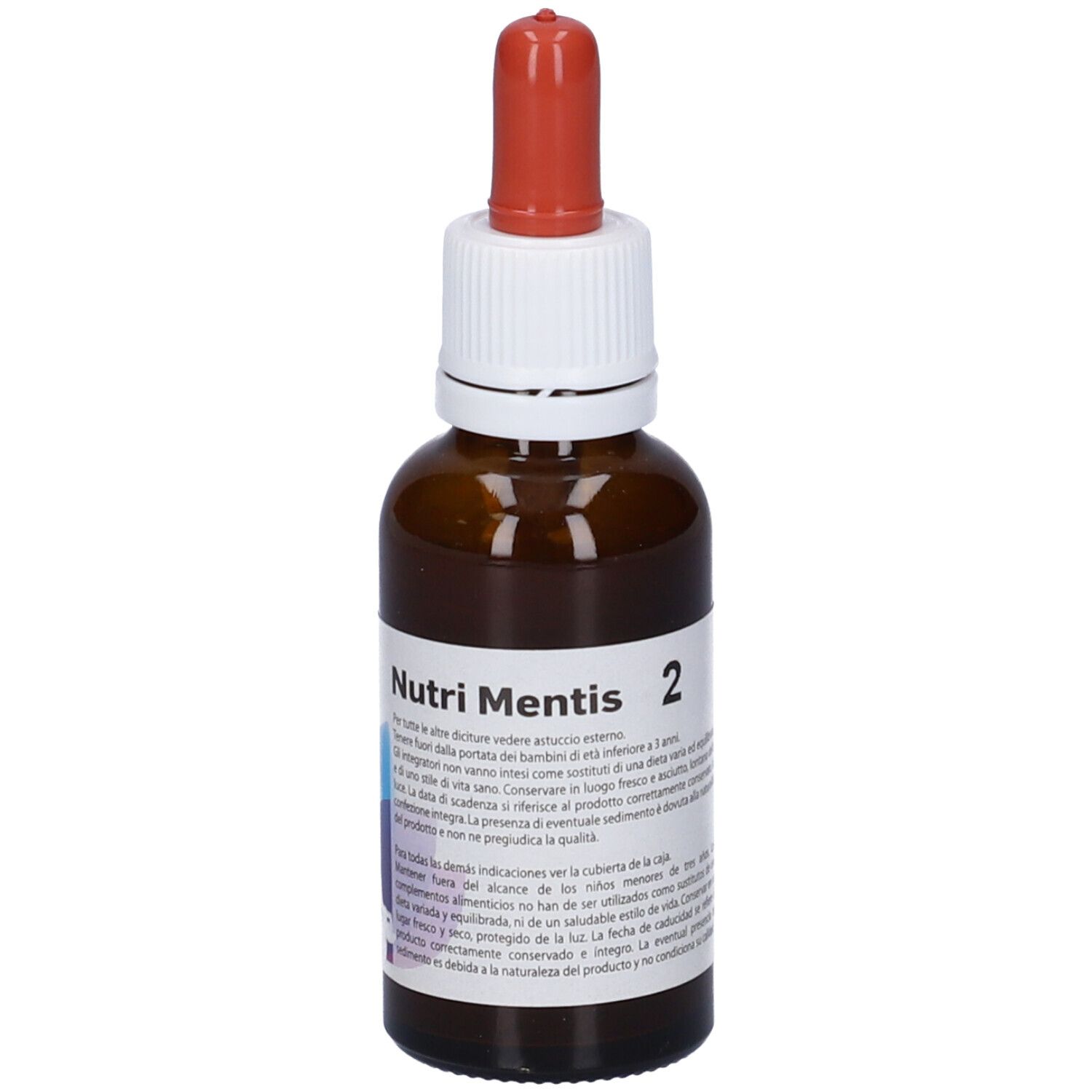 Flacone di vetro marrone con tappo bianco e contagocce rosso. Etichetta con testo. Nome prodotto: Nutri Mentis 2.