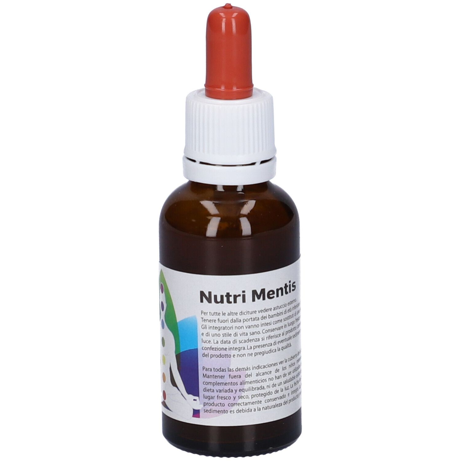 Flacone di vetro marrone con tappo bianco e contagocce rosso. Etichetta con testo e design colorato. Nome prodotto: Nutri Mentis 2.