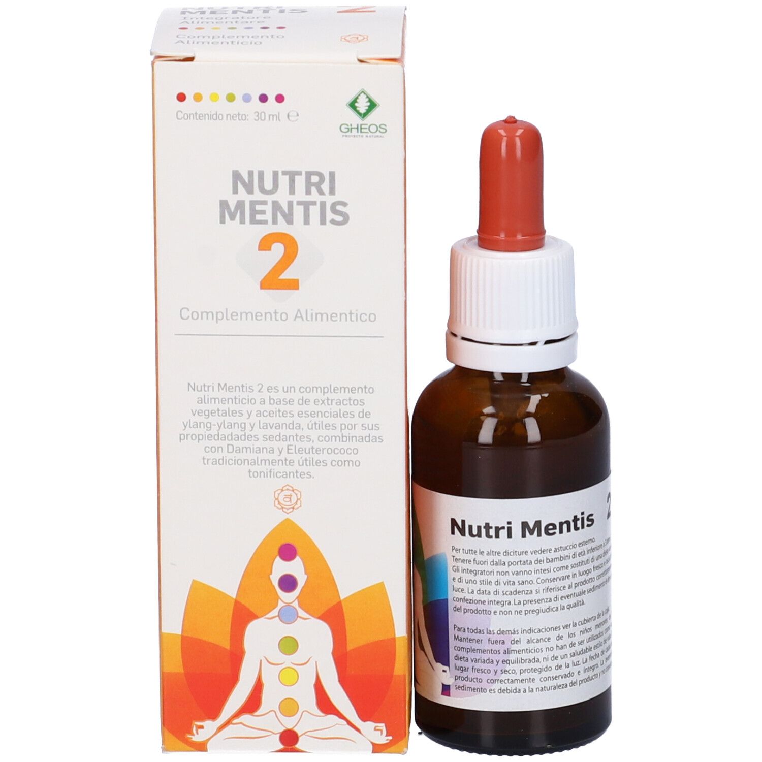 Flacone del prodotto con confezione. Flacone marrone con tappo bianco e contagocce rosso. Confezione con testo e logo.