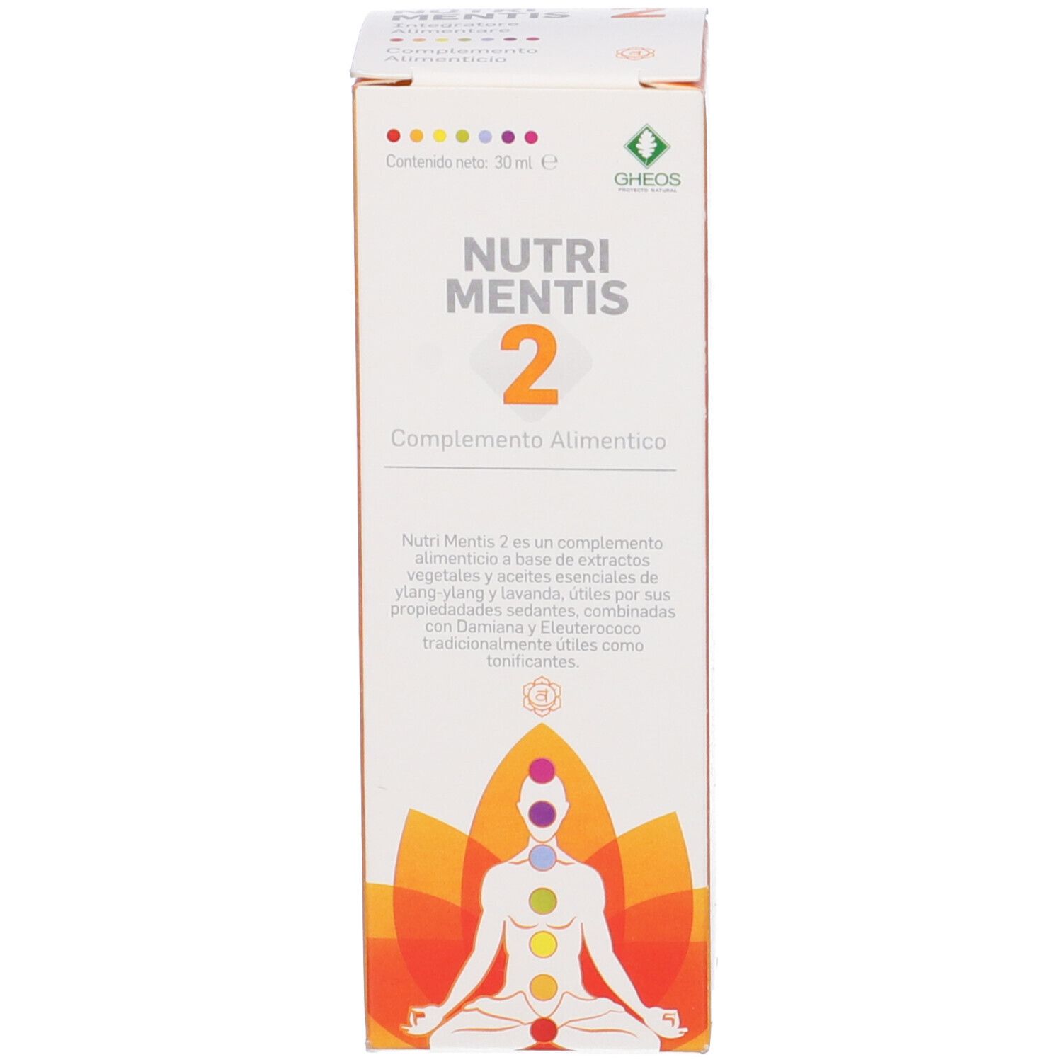 Confezione del prodotto. Scatola bianca con testo, logo e design colorato. Nome prodotto: Nutri Mentis 2.