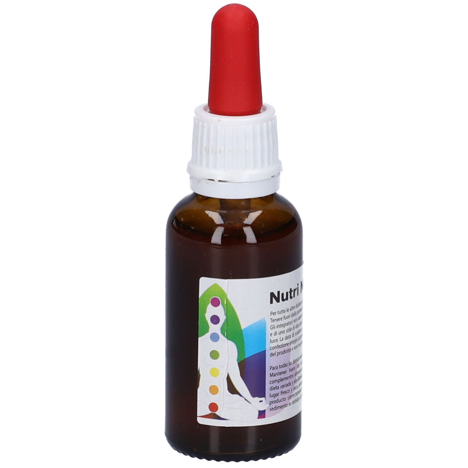 Flacone di vetro marrone con contagocce rosso. Etichetta con nome del prodotto, testo e simboli dei chakra colorati. Scritta: Nutri Mentis 3.