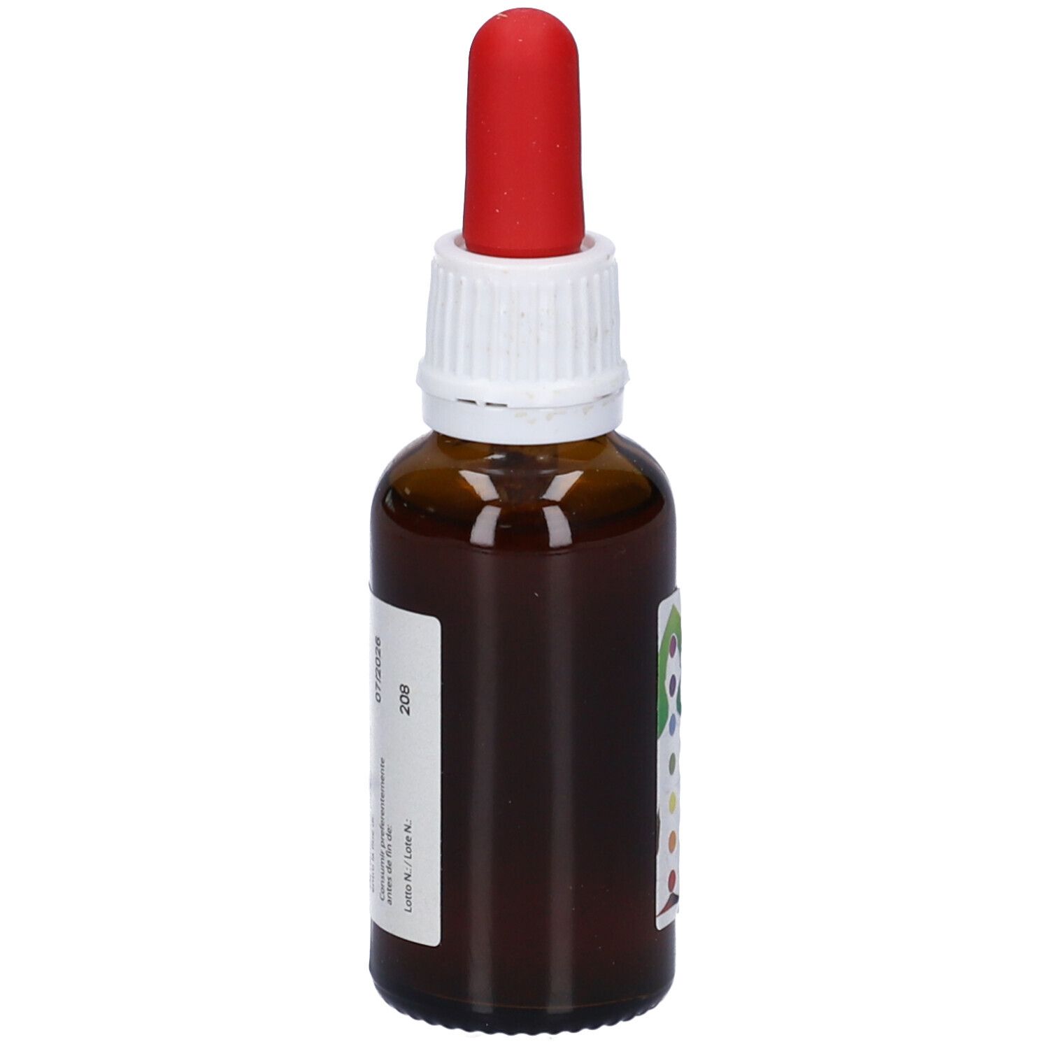 Flacone di vetro marrone con contagocce rosso. Etichetta con nome del prodotto e testo. Scritta: Nutri Mentis 3. Adesivo con numero 209.
