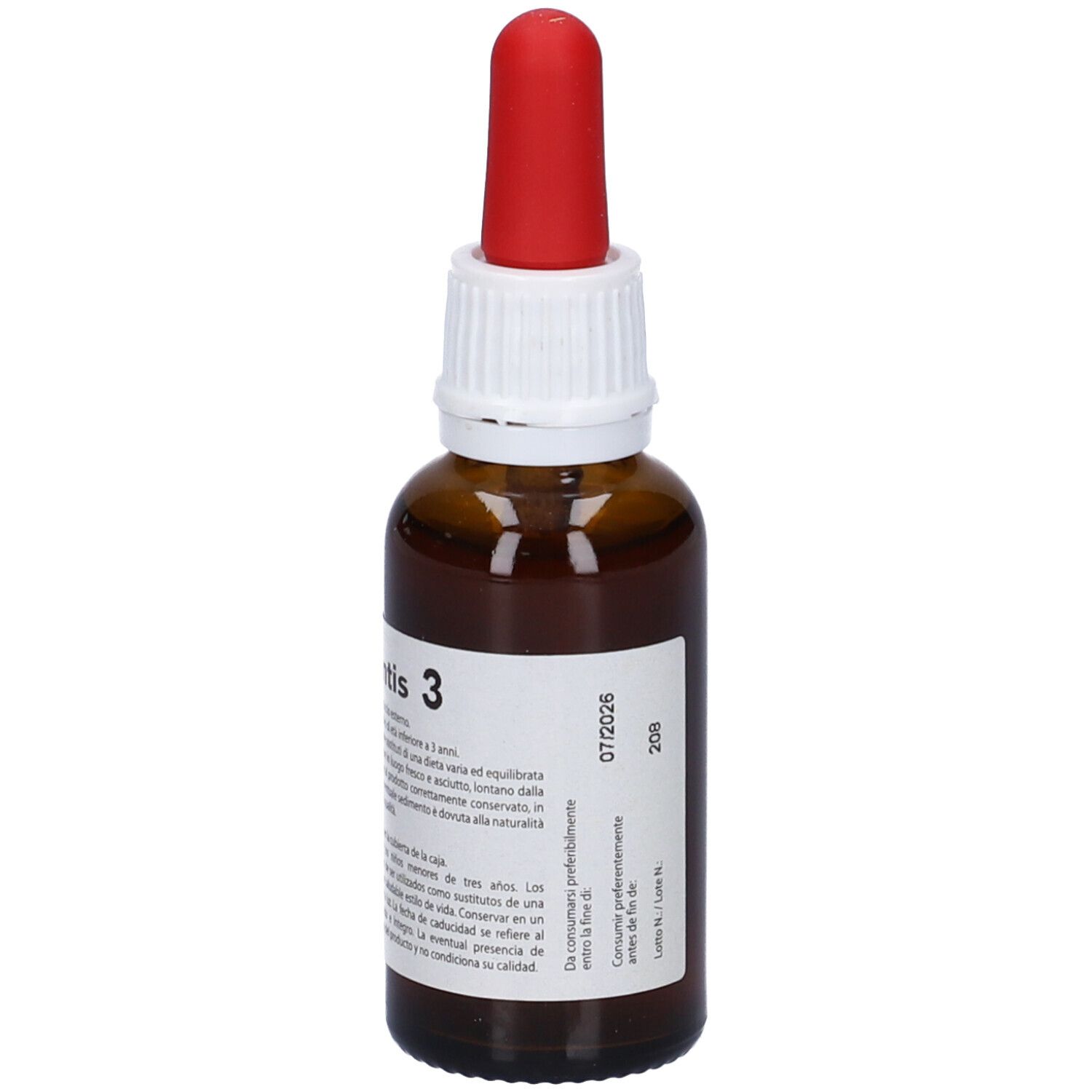 Flacone di vetro marrone con contagocce rosso. Etichetta con nome del prodotto e testo. Scritta: Nutri Mentis 3. Adesivo con numero 209 e data.