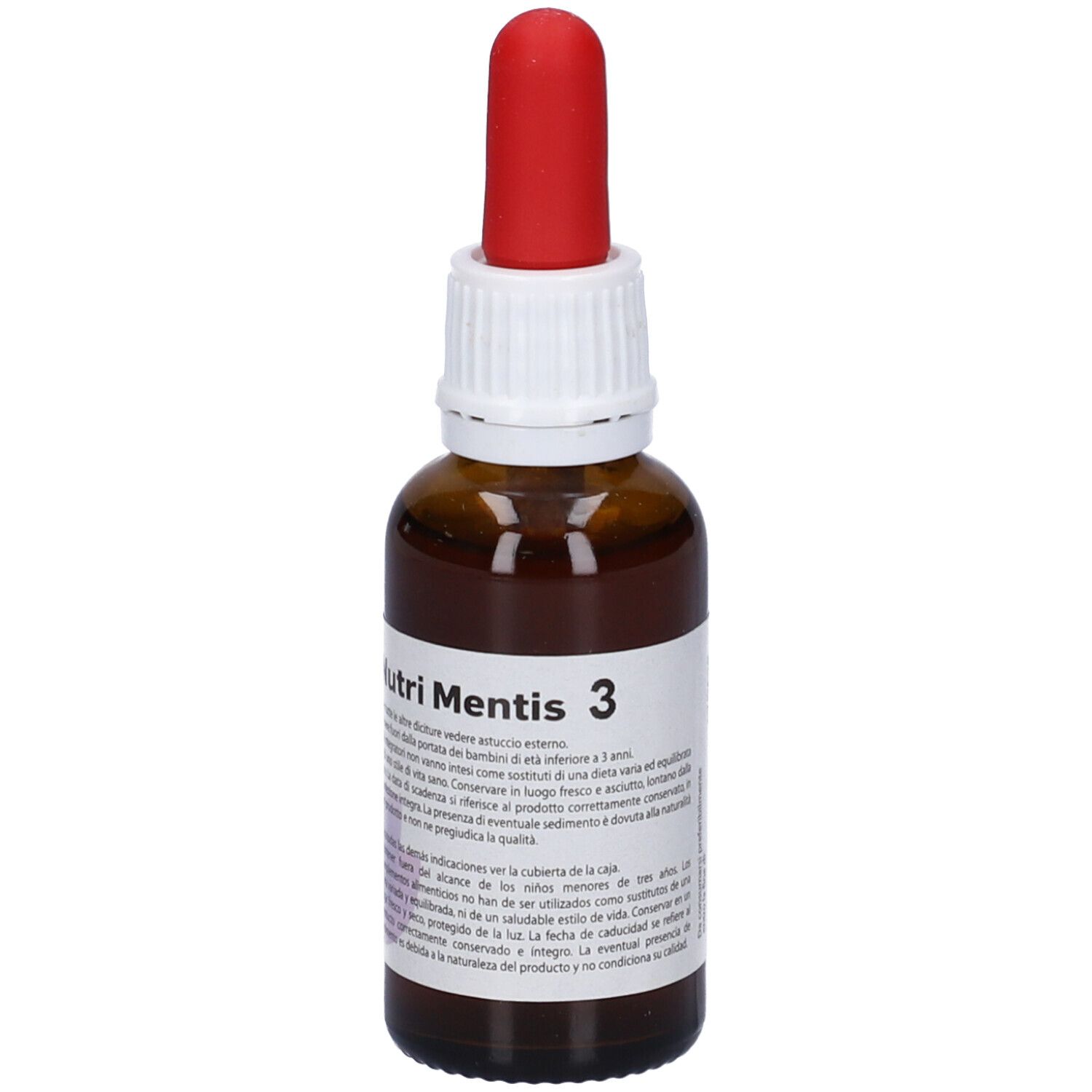 Flacone di vetro marrone con contagocce rosso. Etichetta con nome del prodotto e testo. Scritta: Nutri Mentis 3.