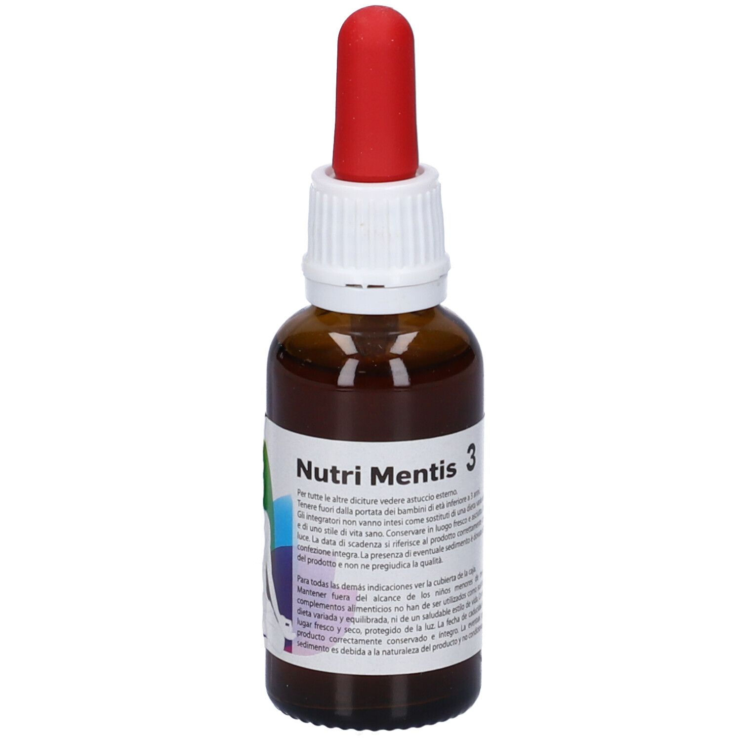 Flacone di vetro marrone con contagocce rosso. Etichetta con nome del prodotto, testo e simboli colorati. Scritta: Nutri Mentis 3.