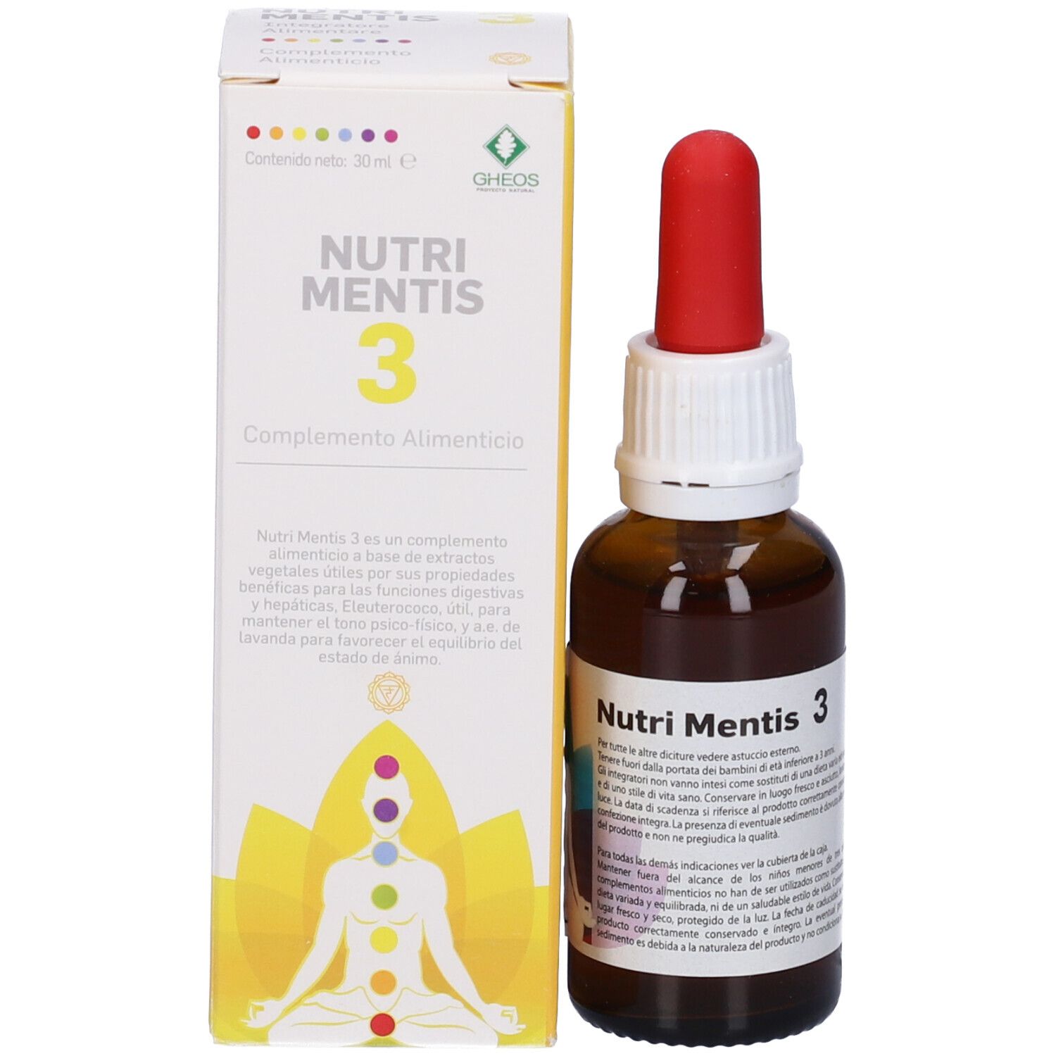 Flacone di vetro marrone con contagocce rosso e scatola. Scritta: Nutri Mentis 3. Scatola con nome del prodotto, testo e simboli colorati.