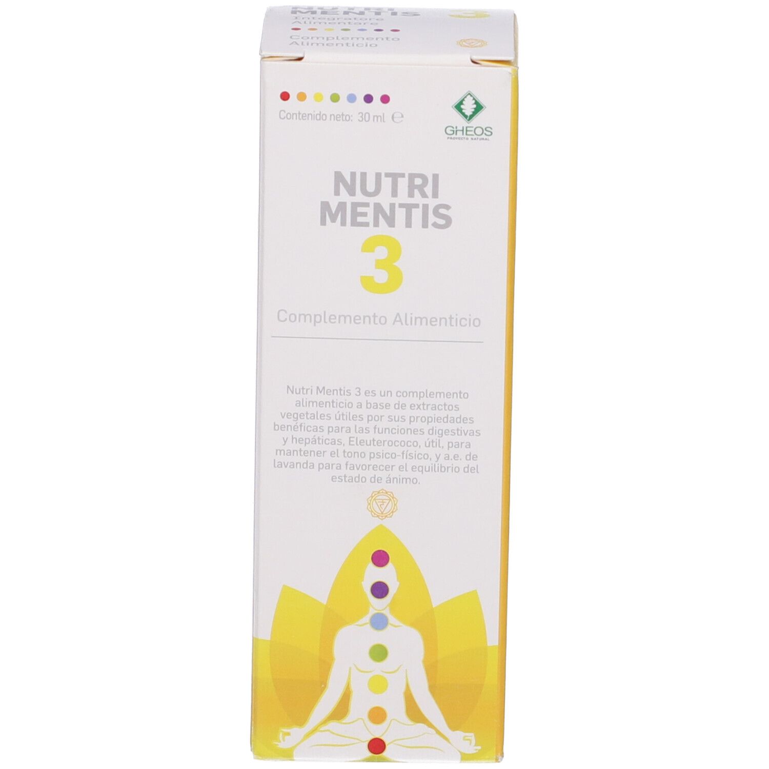 Scatola con nome del prodotto, testo e simboli colorati. Scritta: Nutri Mentis 3. Punti in alto.