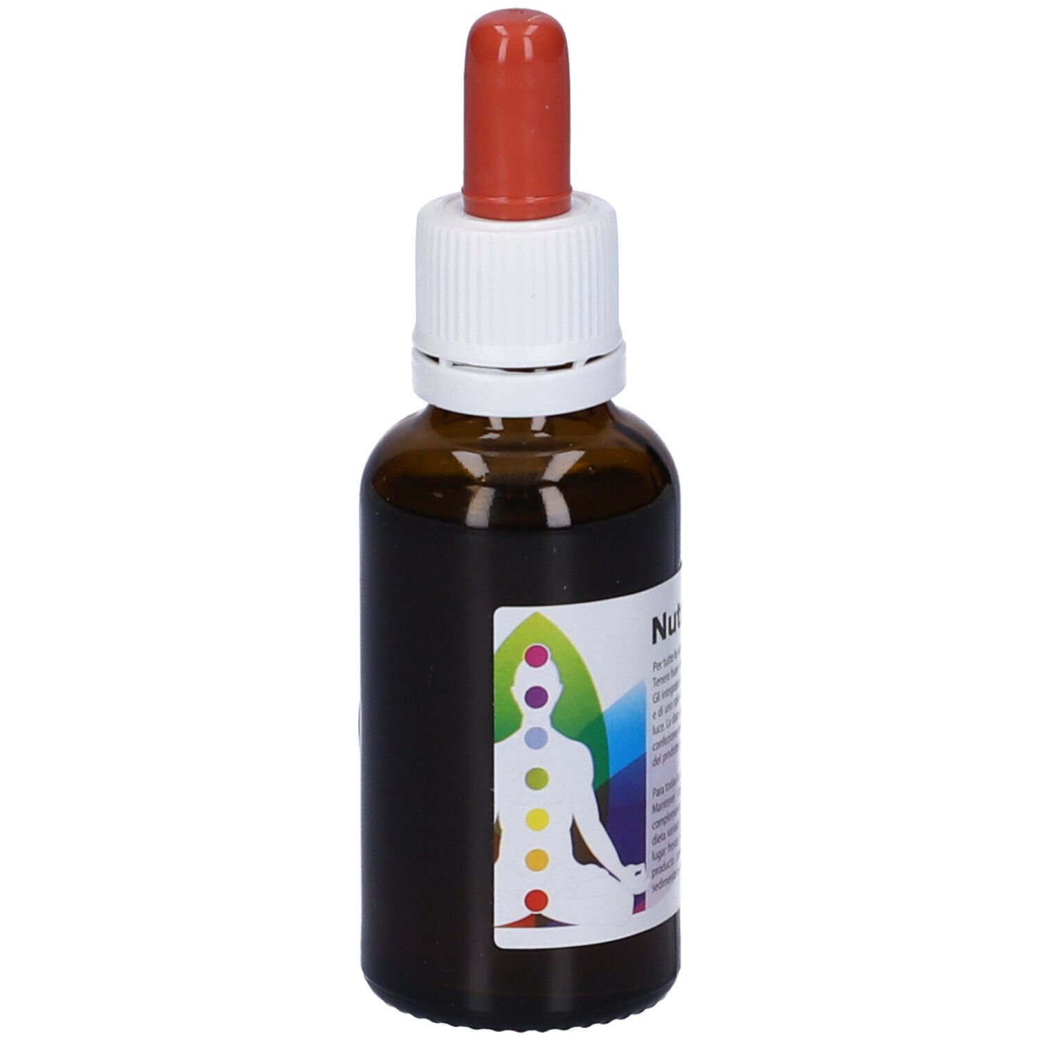 Flacone di vetro marrone con contagocce rosso. Etichetta con design chakra colorato e testo. Nome prodotto: Nutri Mentis.