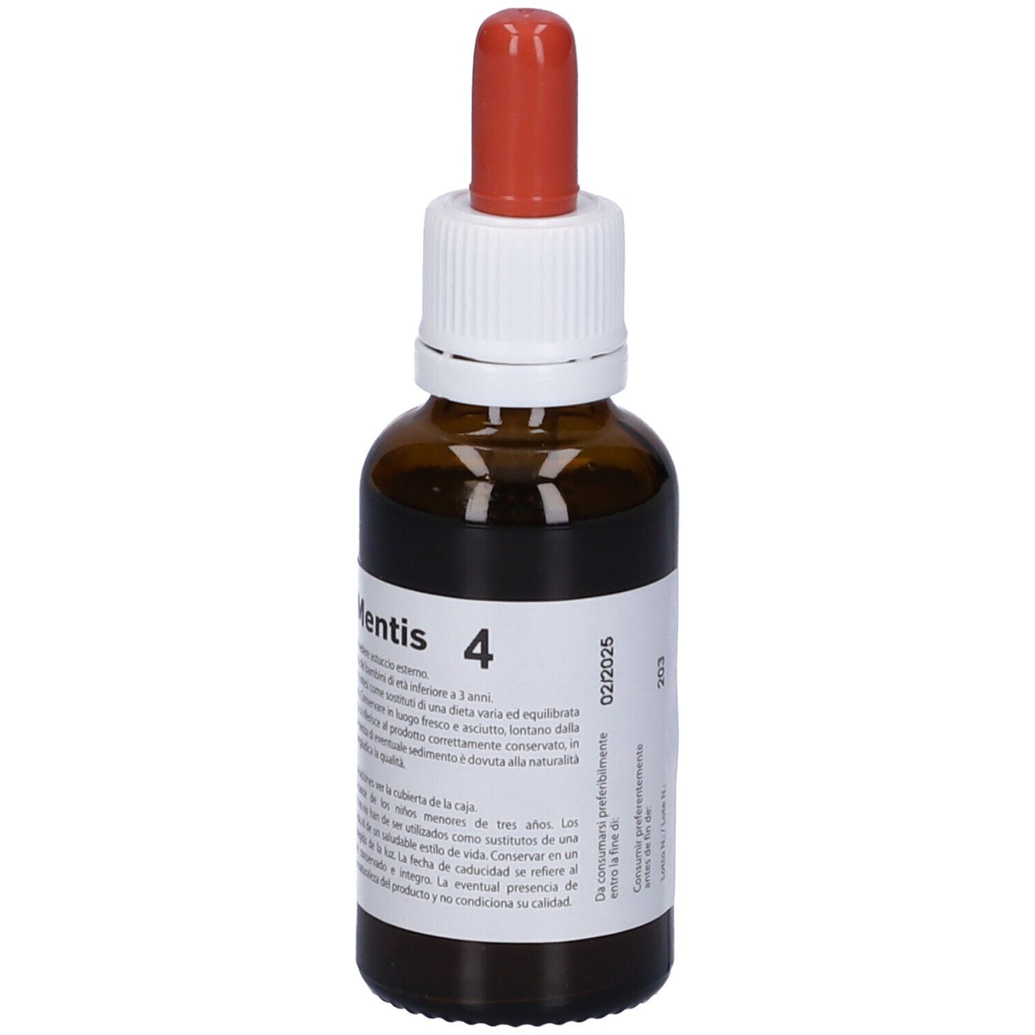 Flacone di vetro marrone con contagocce rosso. Etichetta con testo e nome prodotto: Nutri Mentis 4. Data.