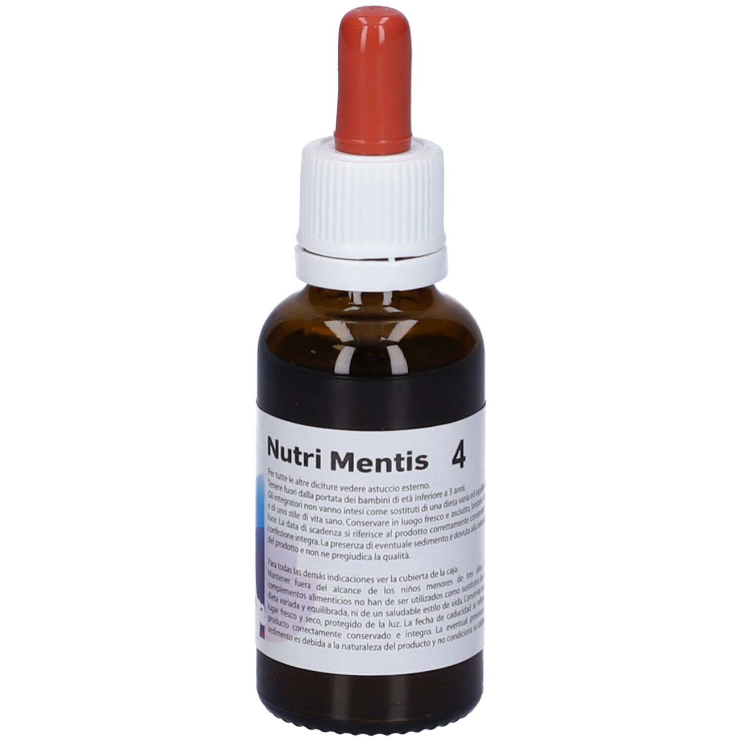 Flacone di vetro marrone con contagocce rosso. Etichetta con testo e nome prodotto: Nutri Mentis 4. Design colorato.