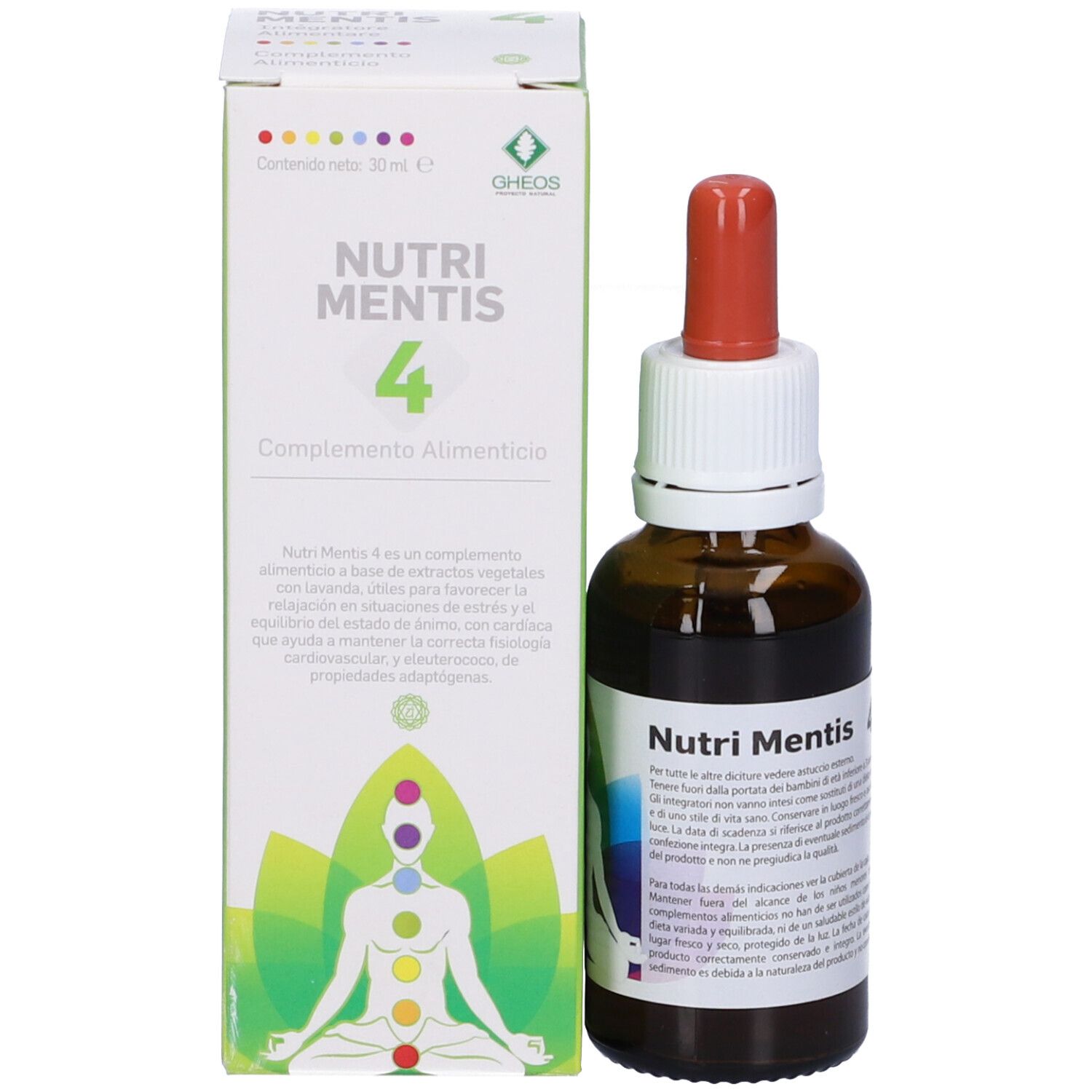 Flacone con contagocce rosso e confezione. Confezione con nome prodotto: Nutri Mentis 4. Logo: Gheos.