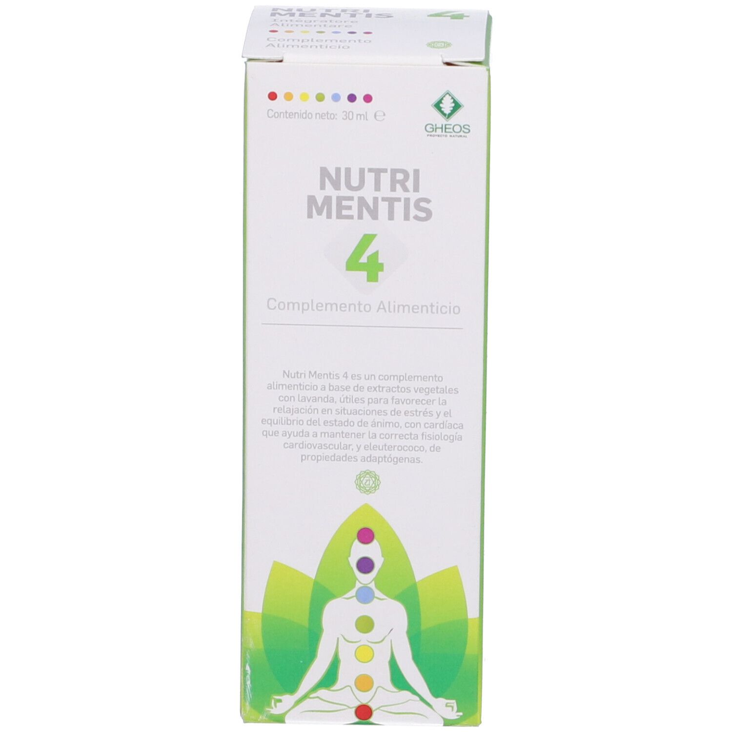 Confezione del prodotto con nome prodotto: Nutri Mentis 4. Logo: Gheos. Design colorato con persona.