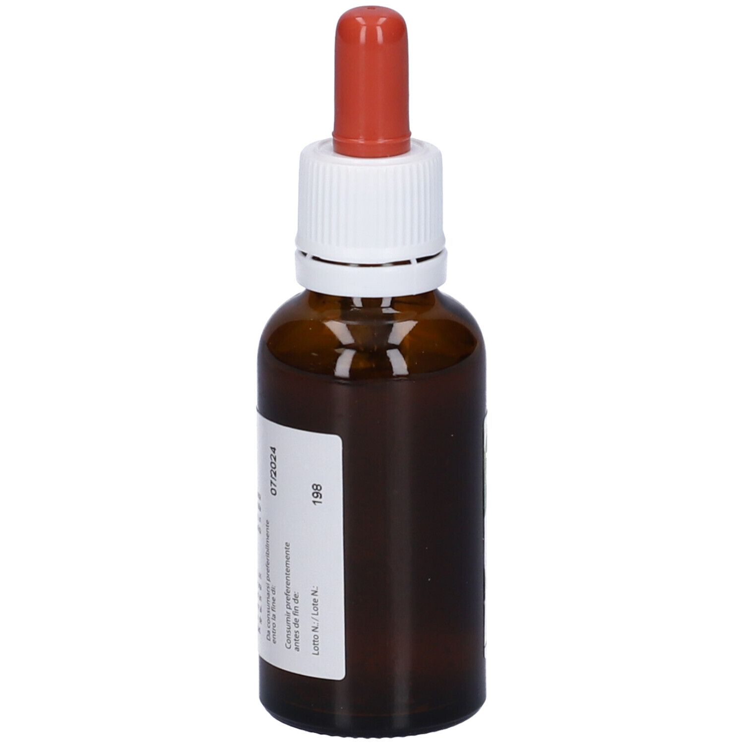 Flacone di vetro marrone con contagocce. Etichetta con nome e testo del prodotto. Tappo rosso. Tappo a vite bianco. Stampa con data.