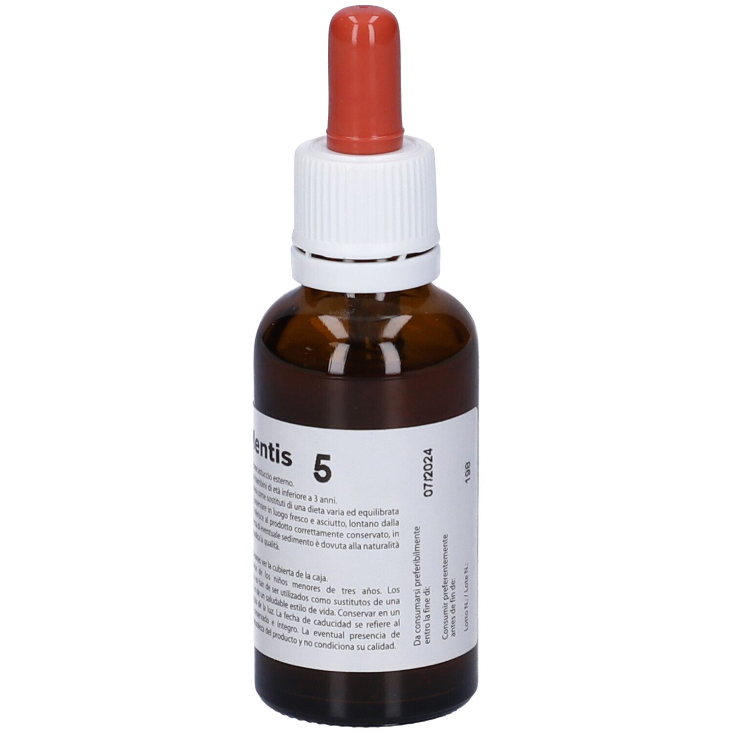 Flacone di vetro marrone con contagocce. Etichetta con nome e testo del prodotto. Tappo rosso. Tappo a vite bianco. Stampa con data.