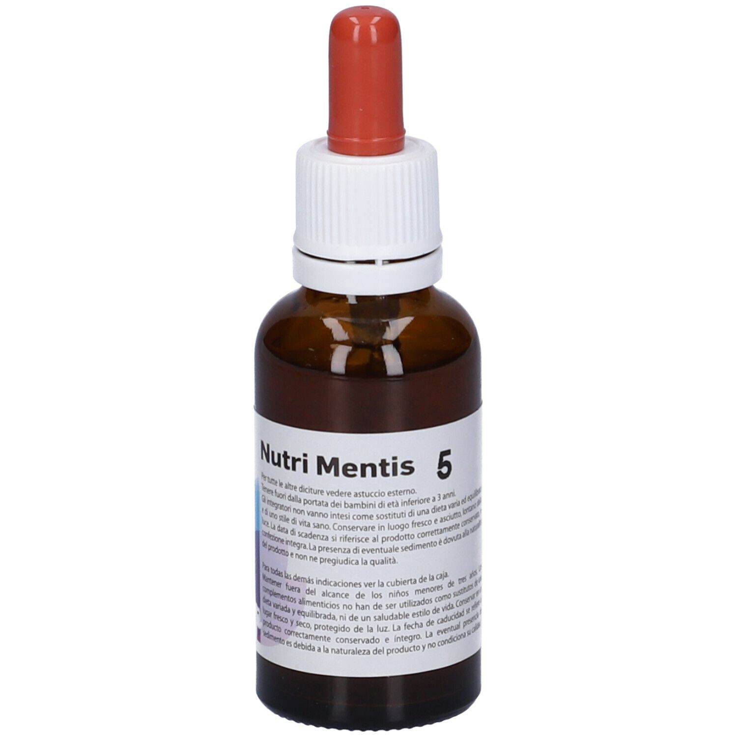 Flacone di vetro marrone con contagocce. Etichetta con nome e testo del prodotto. Tappo rosso. Tappo a vite bianco. Stampa con nome del prodotto.