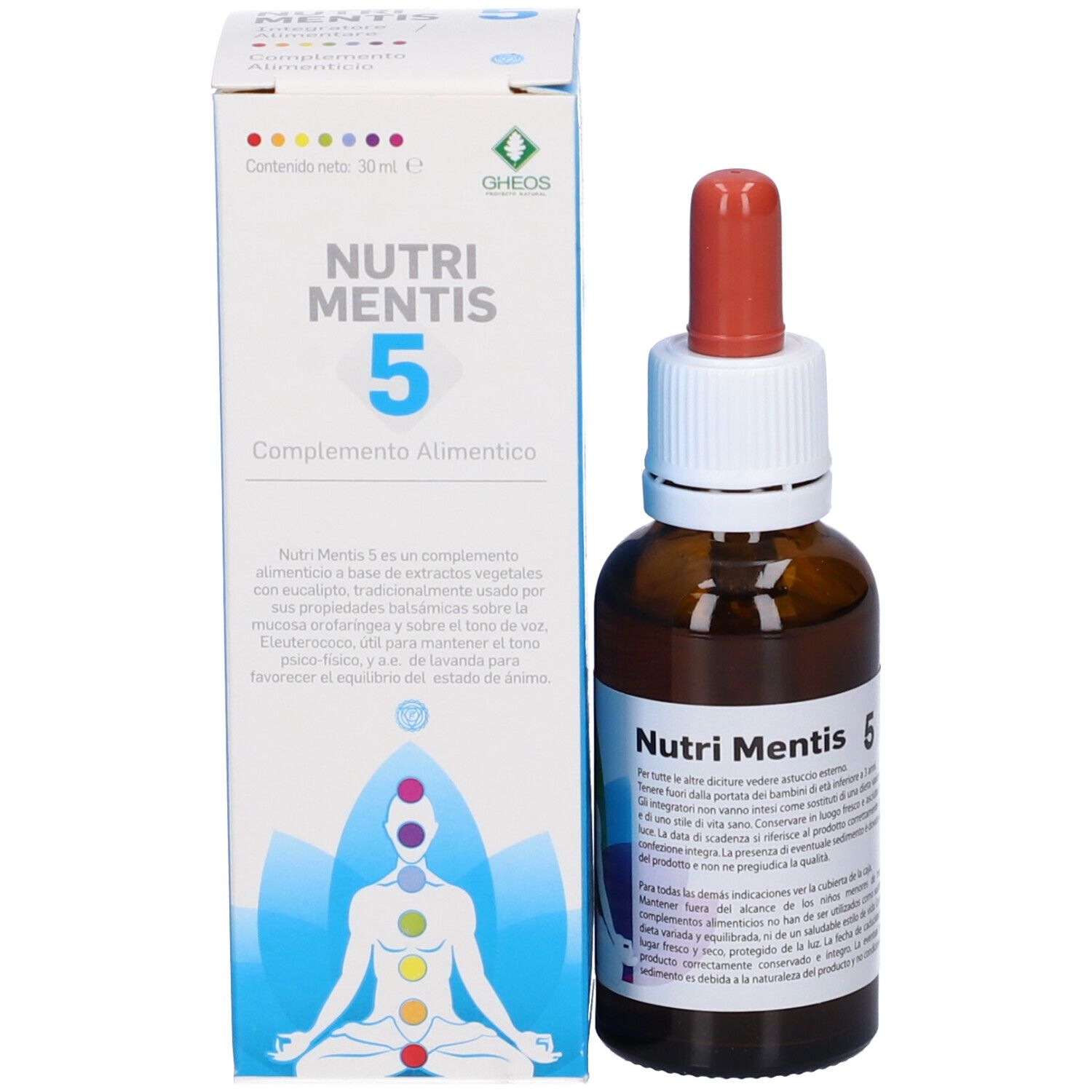 Confezione e flacone del prodotto. Scatola bianca con nome e testo del prodotto. Flacone di vetro marrone con contagocce. Tappo rosso. Tappo a vite bianco.