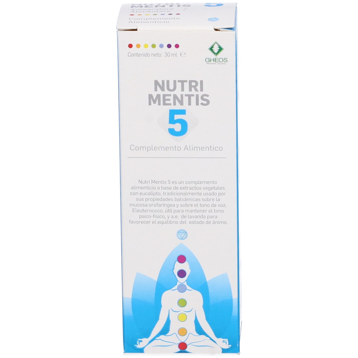 Confezione del prodotto. Scatola bianca con nome e testo del prodotto. Illustrazione di una persona con chakra. Marchio OREOS.