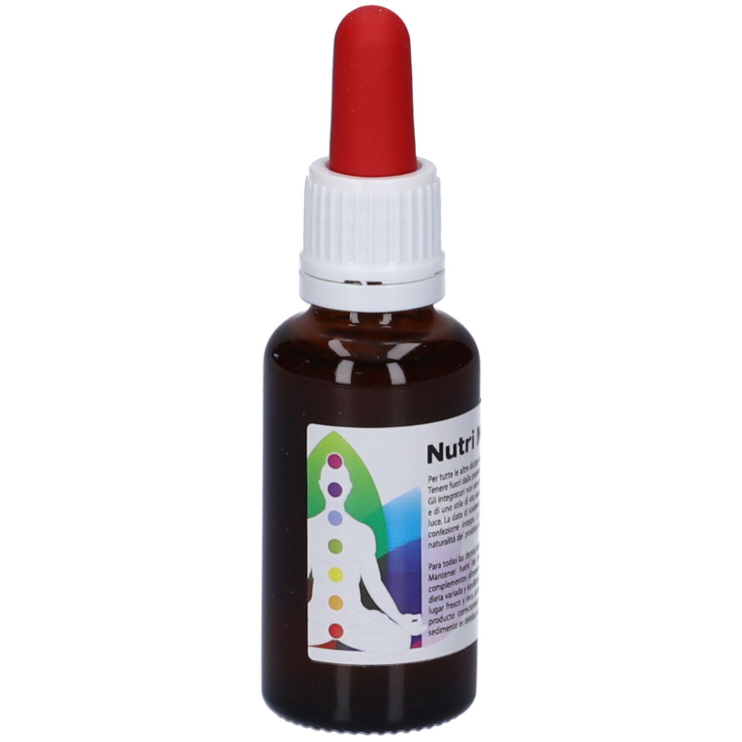 Flacone di vetro marrone con contagocce rosso. Etichetta con testo: Nutri Mentis 6. Illustrazione di una persona con chakra.