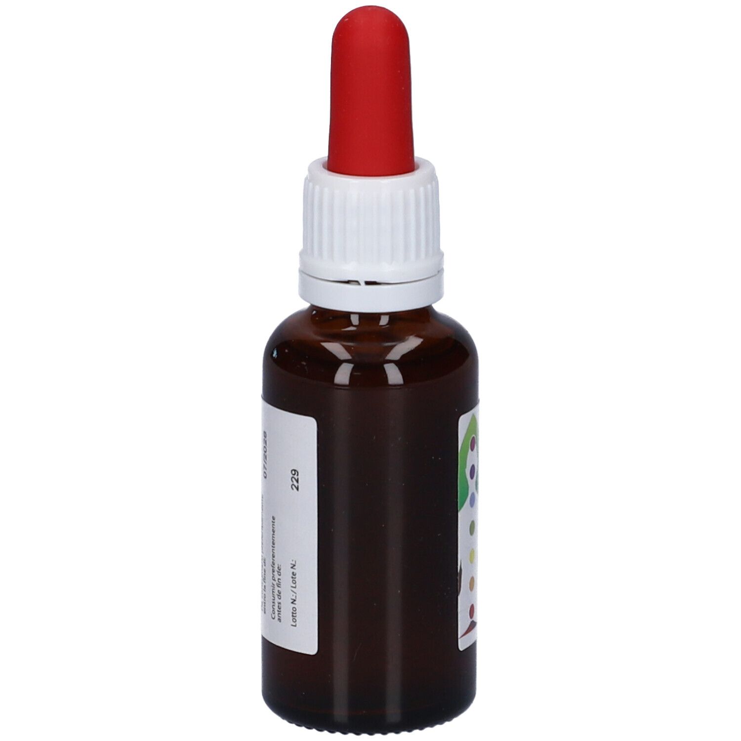 Flacone di vetro marrone con contagocce rosso. Etichetta con testo: Nutri Mentis 6. Etichetta con testo e numero di lotto.