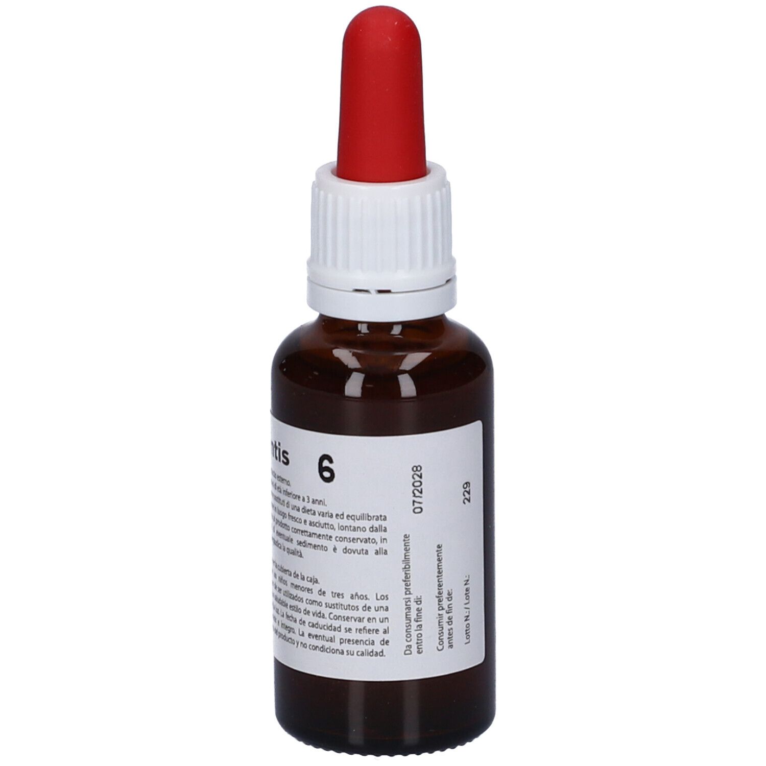 Flacone di vetro marrone con contagocce rosso. Etichetta con testo: Nutri Mentis 6. Etichetta con testo e data di scadenza.