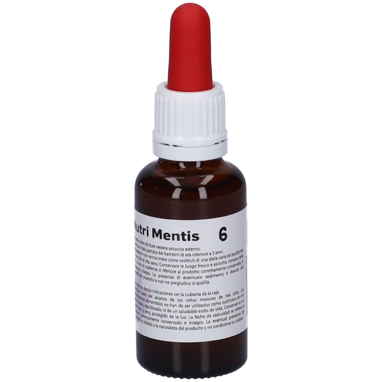 Flacone di vetro marrone con contagocce rosso. Etichetta con testo: Nutri Mentis 6. Etichetta del prodotto con testo.